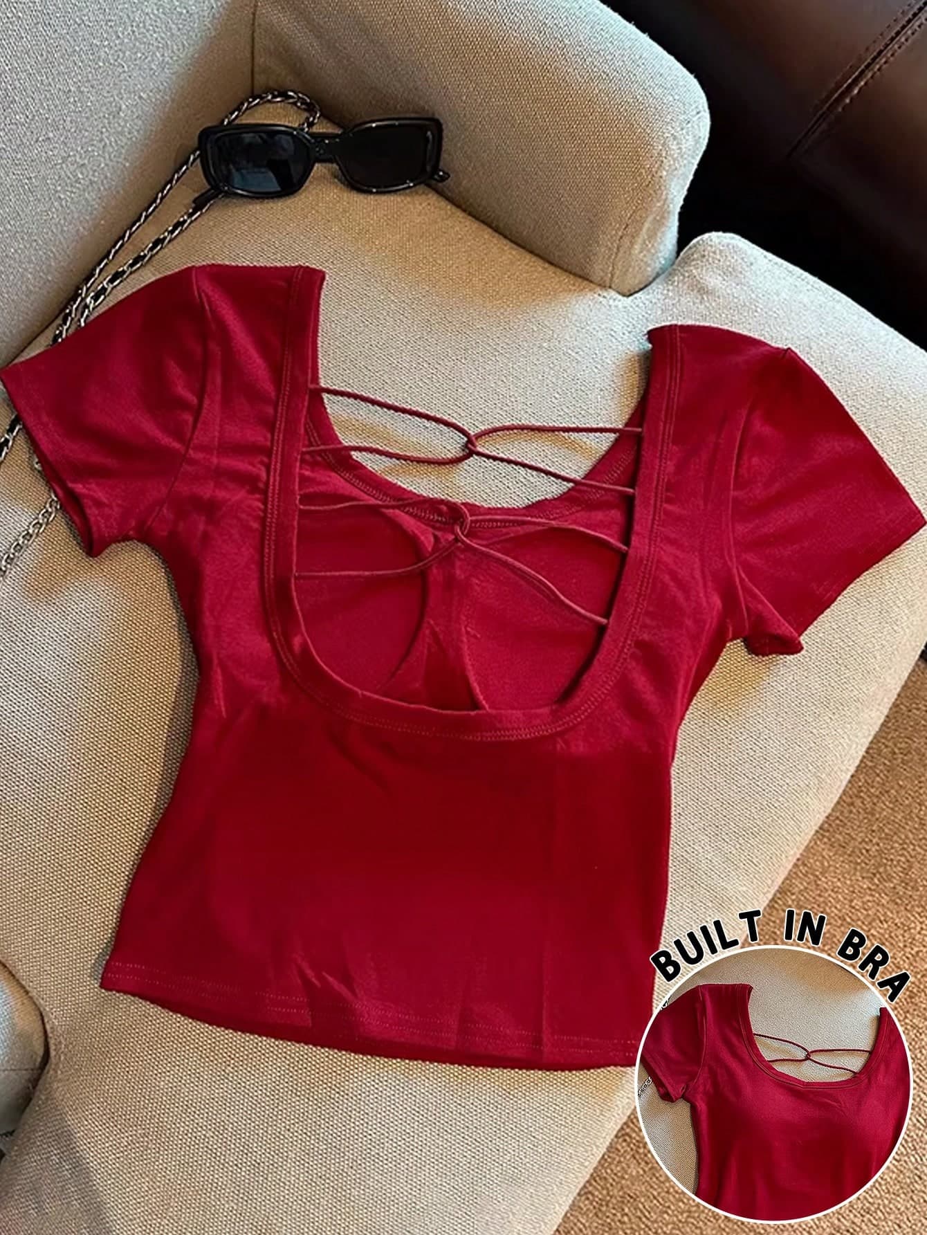 Franclia Hollow Out Back Padded Short Sleeve T-Shirt