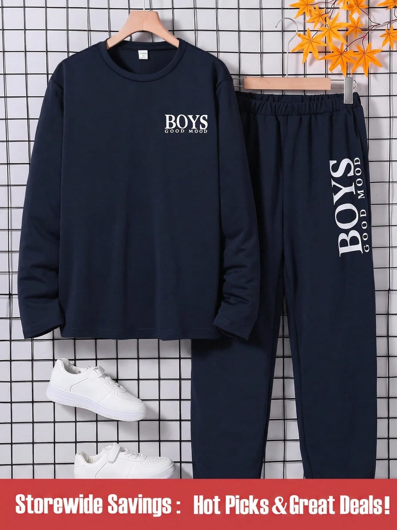 SHEIN Teen Boy 2pcs Casual Letter Print Long Sleeve Top And Pants Set, Spring Autumn Chic Outfits For Back-To-School Holiday Navy Blue