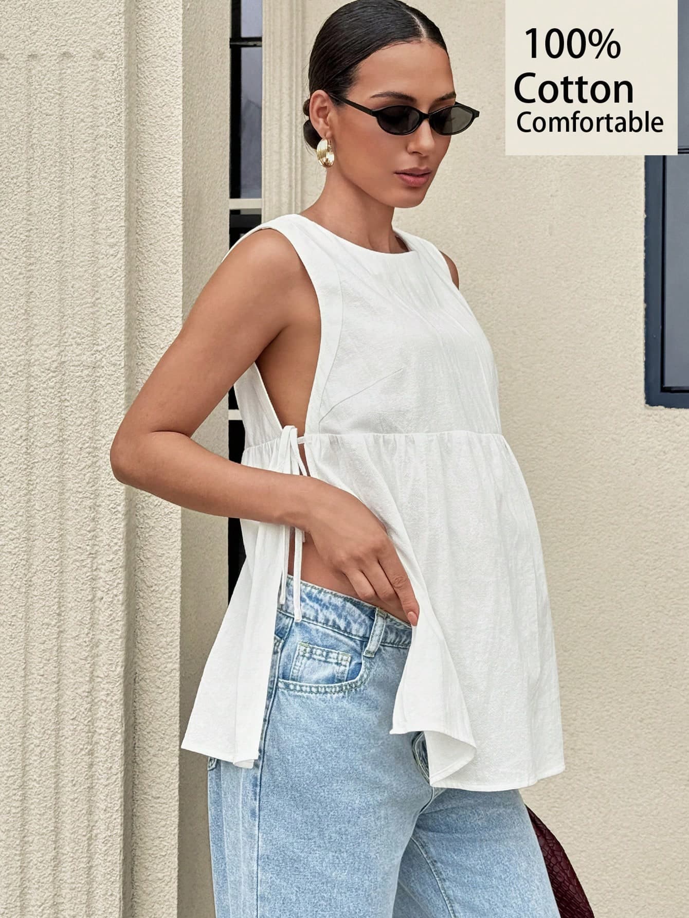 MaterniWear White Cotton Maternity Top, Basic Smart Casual Maternity Works Maternity, Round Neck Slit Loose Tank Top, Elegant Office Wear Women Summer
