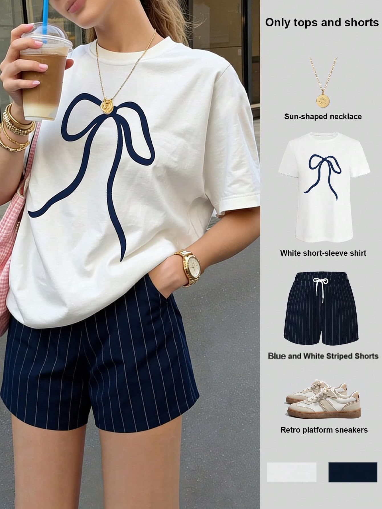 EMERY ROSE Ladies' 2 Pieces Set, Short-Sleeved Loose Top, Comfortable Loose Shorts, Navy Blue Stripe Pattern, Cocktail Pattern, Summer Bestseller