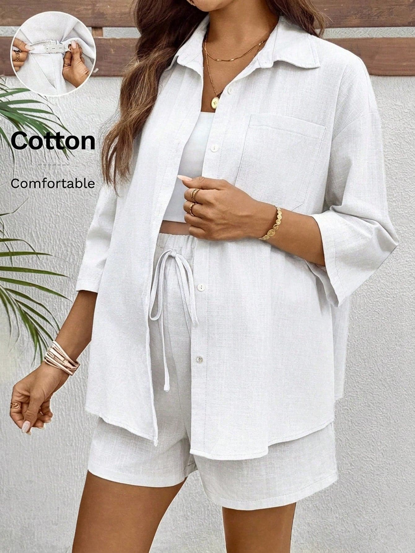 SHEIN 2pcs Maternity Simple Casual Single-Breasted Pocket Shirt And Adjustable Waist Shorts Set Fall