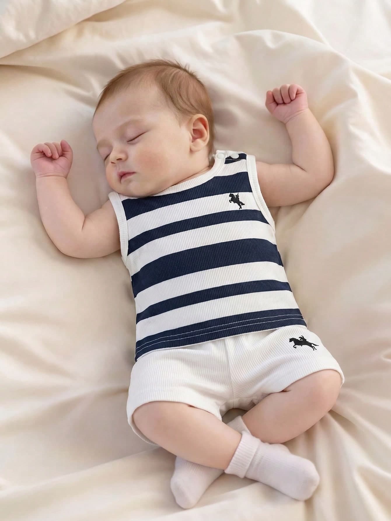 SHEIN Newborn Summer Baby Boy Sleeveless Shorts Set White Textured Striped Print Soft Pullover