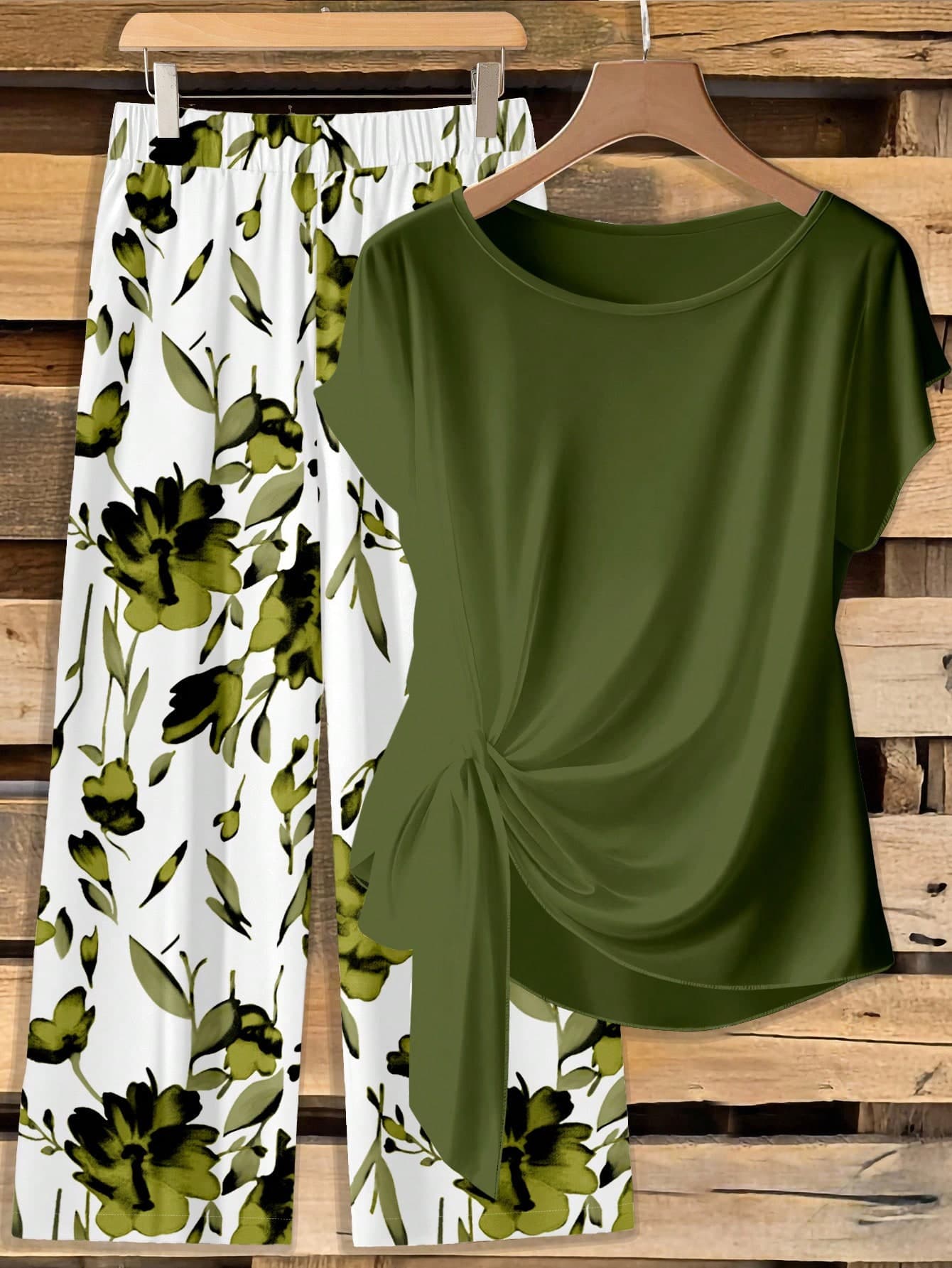 EMERY ROSE Women's Green & Light Green Tie Bow Blouse And Straight Leg Pants 2 Pieces Set, Casual Commuter Vacation Outfit,Vacation Outfits Women