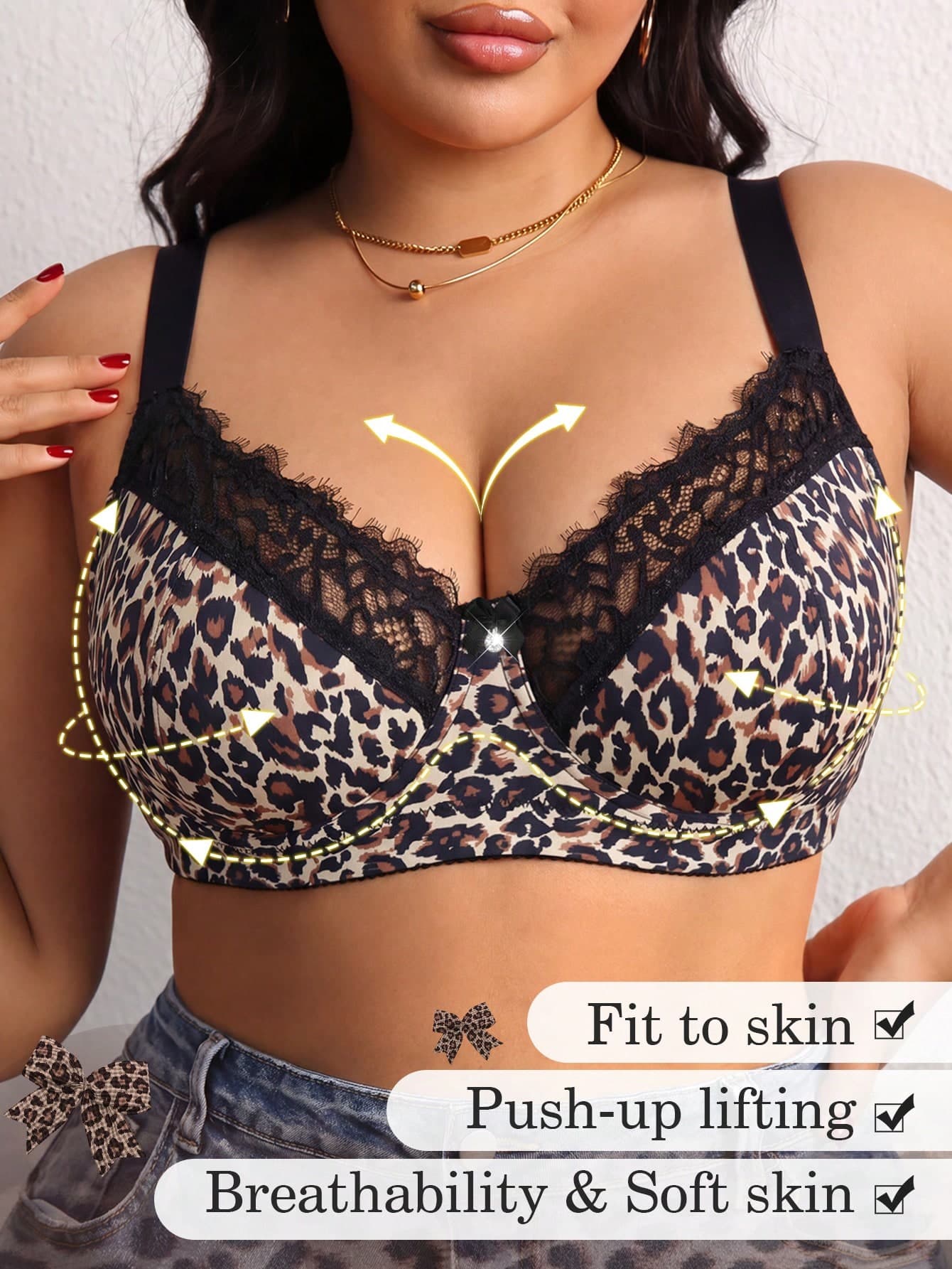 DesireSculpt 1pc Sexy Lace Patchwork Underwire Bra, Lift & Support, Deep V, Anti-Sagging, Plus Size Women Lingerie