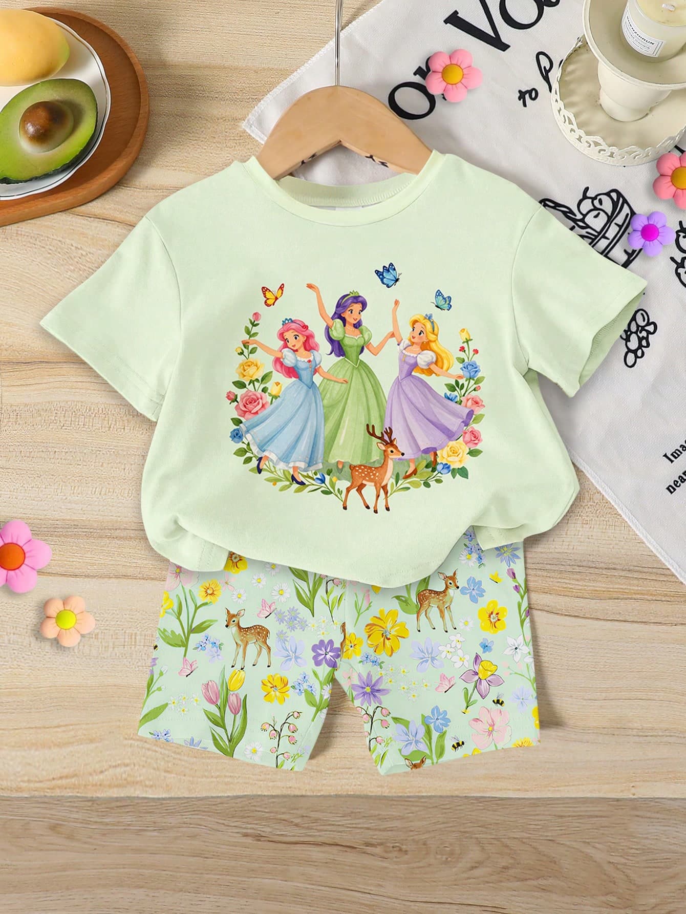 1 Set Young Girls Cute Cartoon Princess Floral Bow Print T-Shirt & Cycling Shorts,Summer,Family Matching Korean Casual Adorable Kids Summer Outfit
