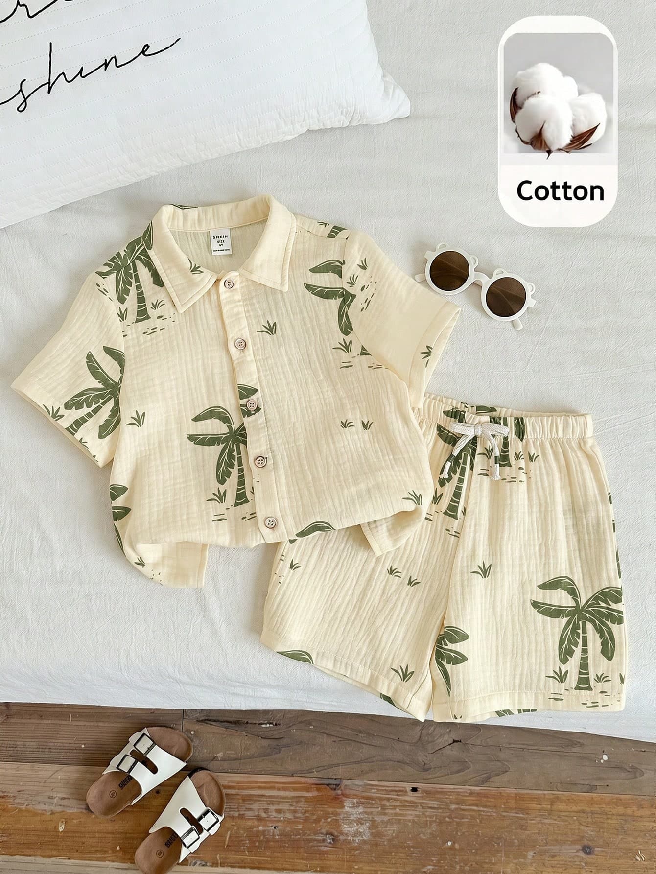 SHEIN 2pcs/Set Young Boy Summer Vacation Casual Beige Palm Tree Print Short Sleeve Shirt And Shorts Set
