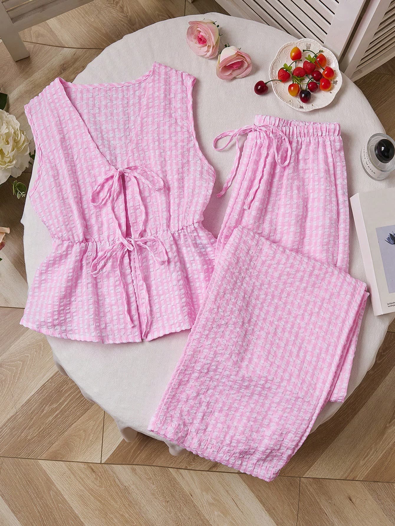 Sweetra European And American Summer New Pink Striped Lace-Up Minimalist Versatile Straight Leg Pants, Women 2 Pieces Set