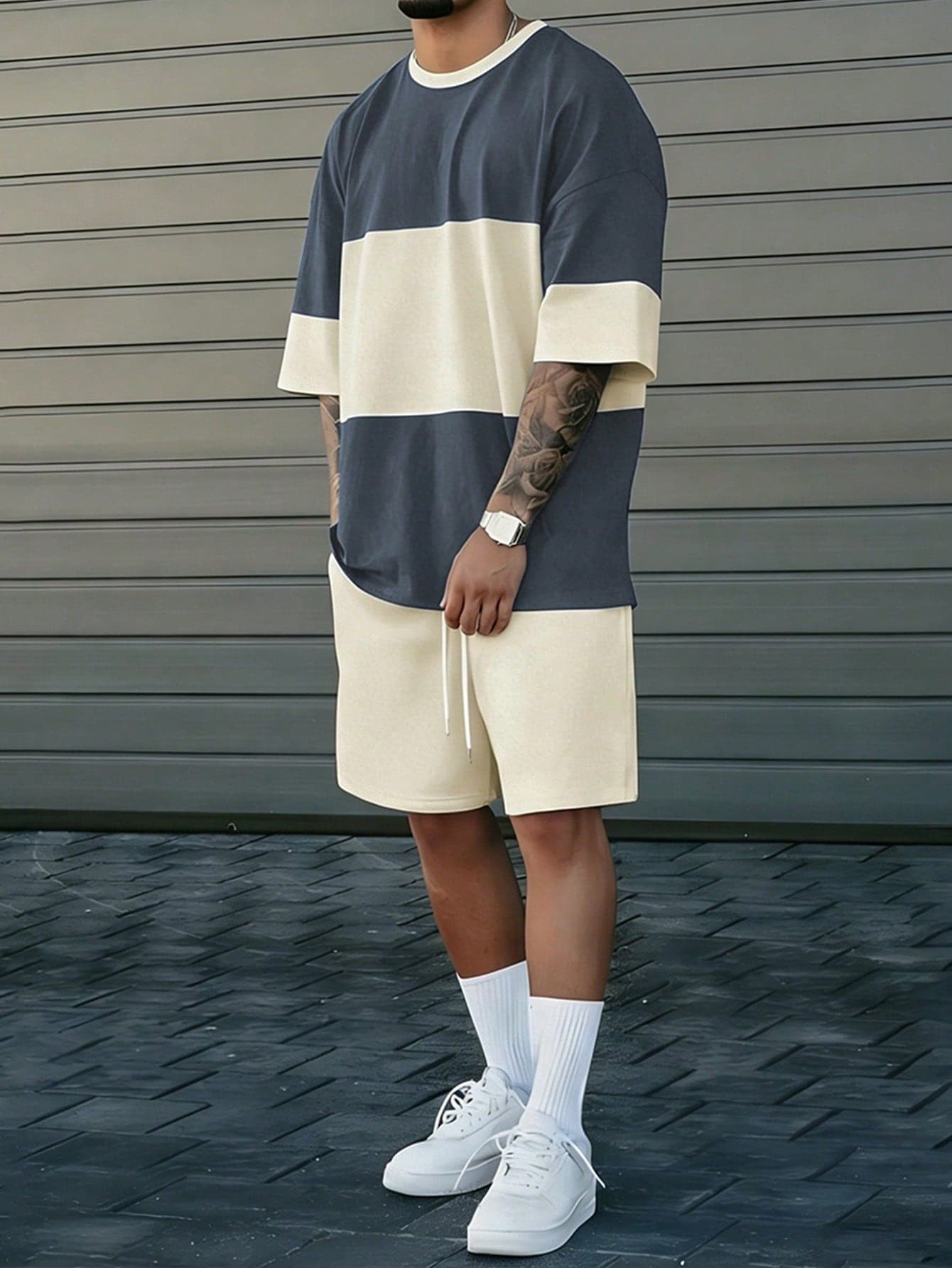 Manfinity Homme Men's Colorblock Casual T-Shirt And Drawstring Waist Shorts Set