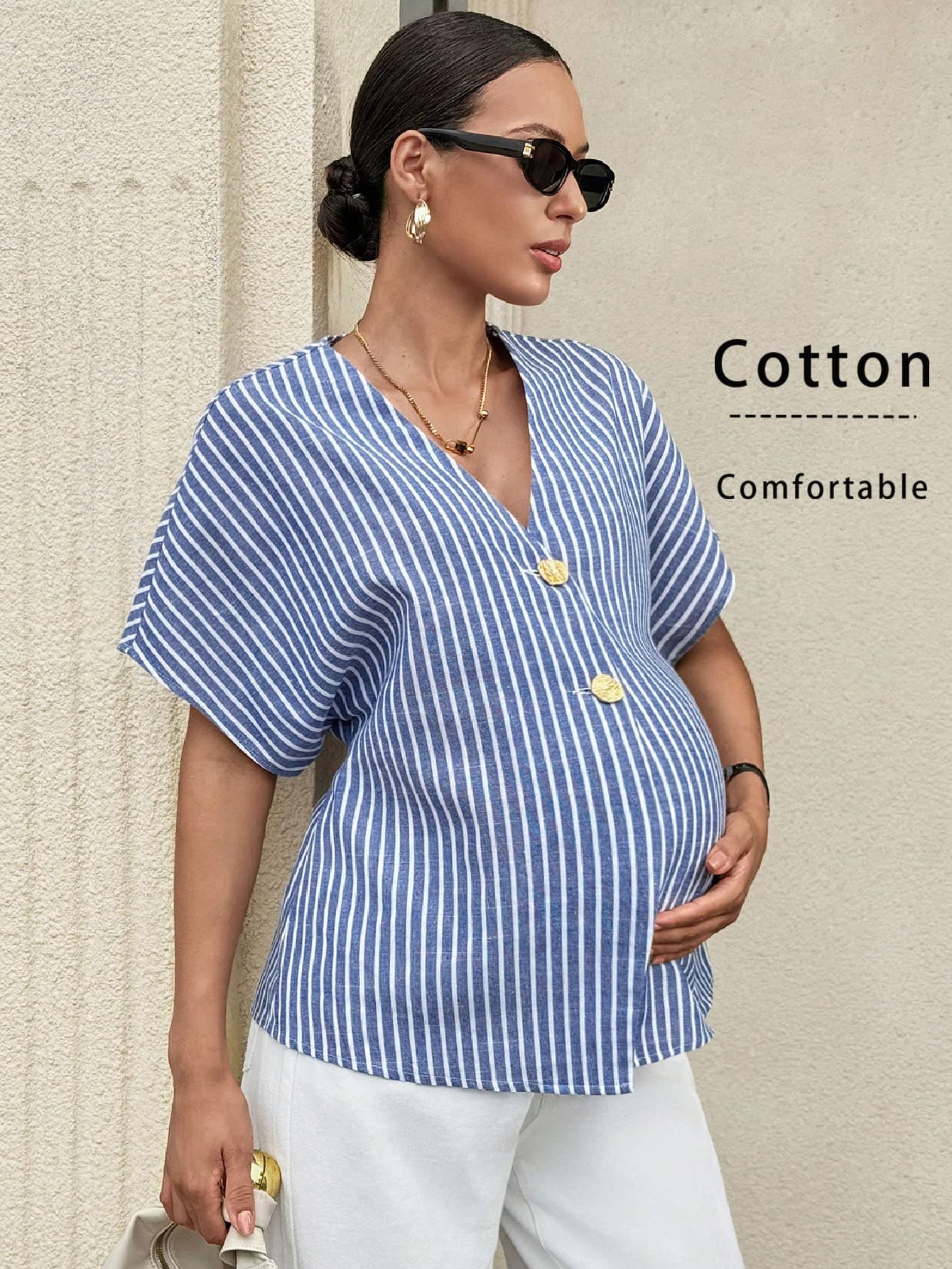 MaterniWear Maternity Dusty Blue Summer Casual Striped Cotton Blouse, V-Neck Batwing Sleeve Loose Work Top, Business Office Wear For Women
