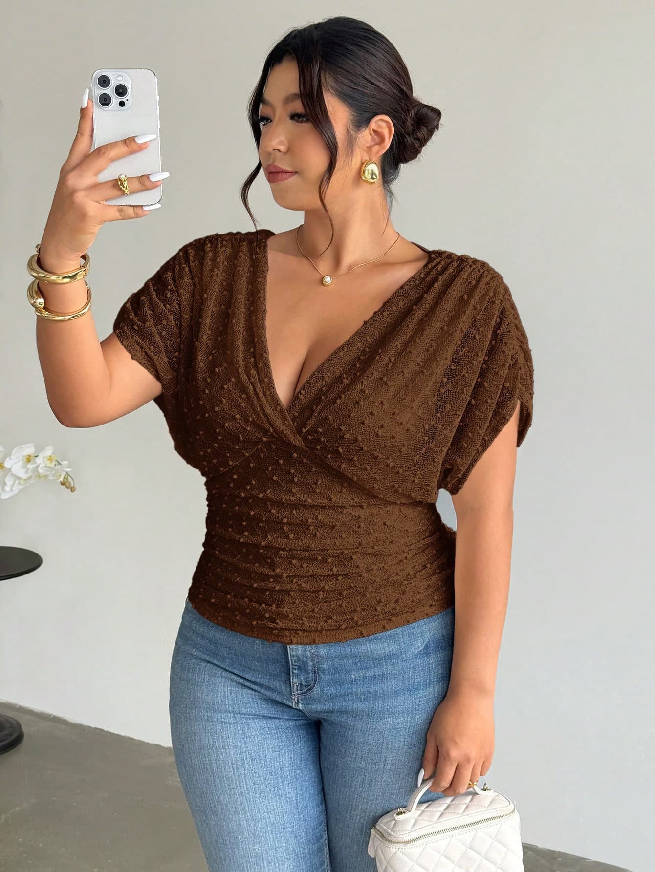 Firerie Plus Size Women's Comfortable Casual Elegant Vacation Textured Fabric Ruched V-Neck Short Sleeve Elastic Waist Slimming T-Shirt, Spring/Summer