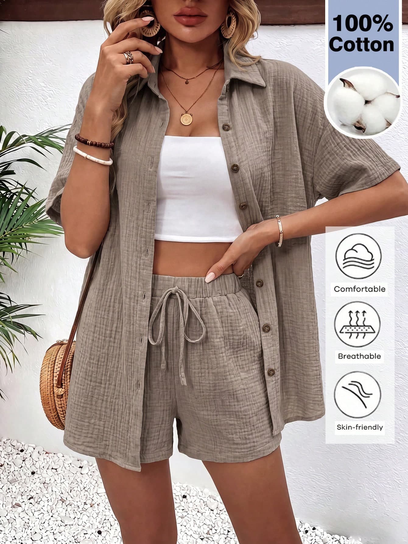 EMERY ROSE Women's Solid Color Single-Breasted Collar Shirt And Shorts 2 Pieces Set