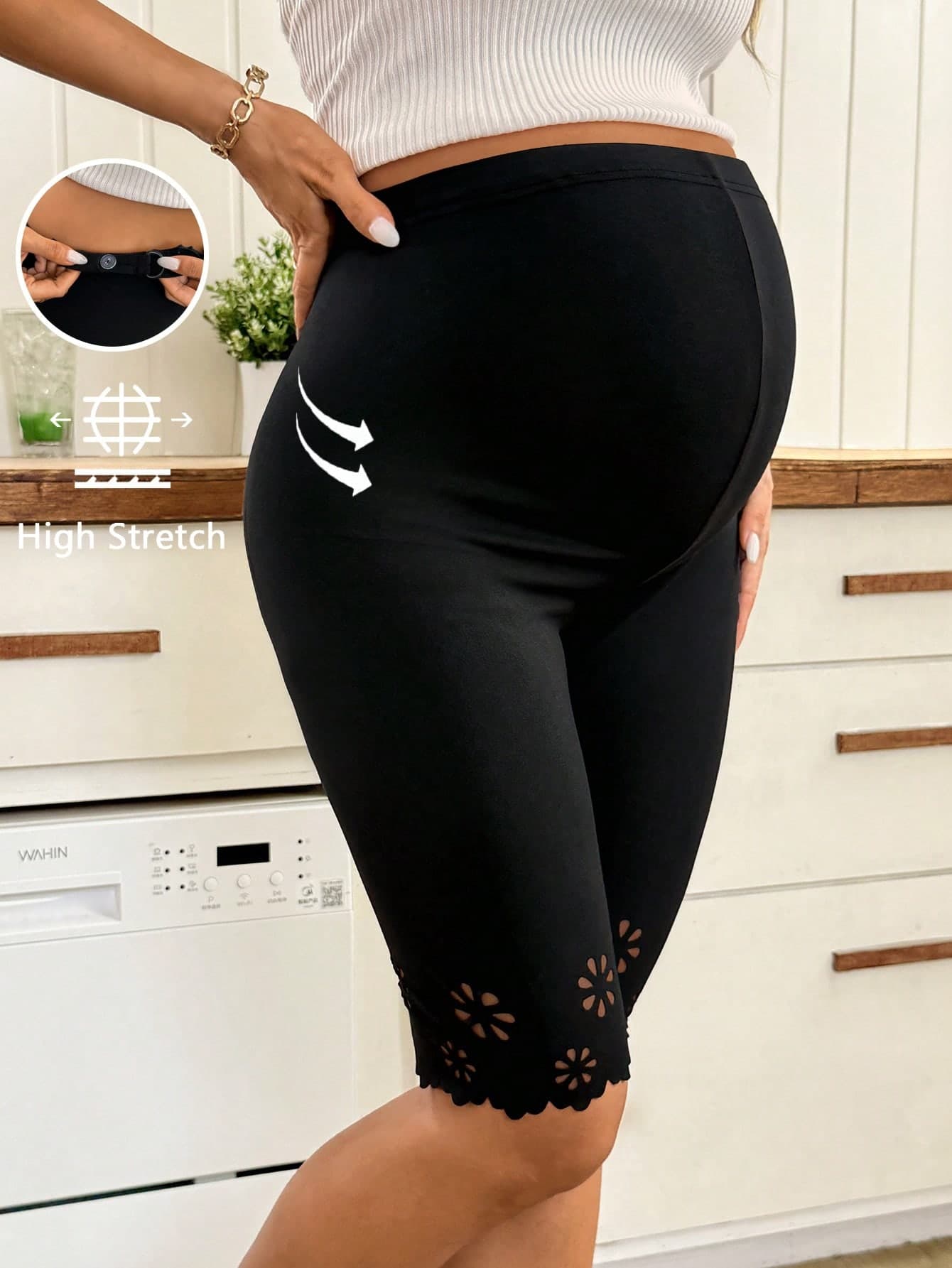 SHEIN Maternity Solid Color Adjustable Waist Hollow Design Cropped Leggings