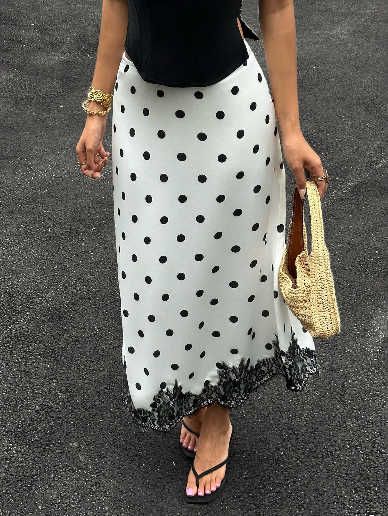 SHEIN EZwear Women's Fashionable Versatile Polka Dot Print Lace Patchwork Skirt