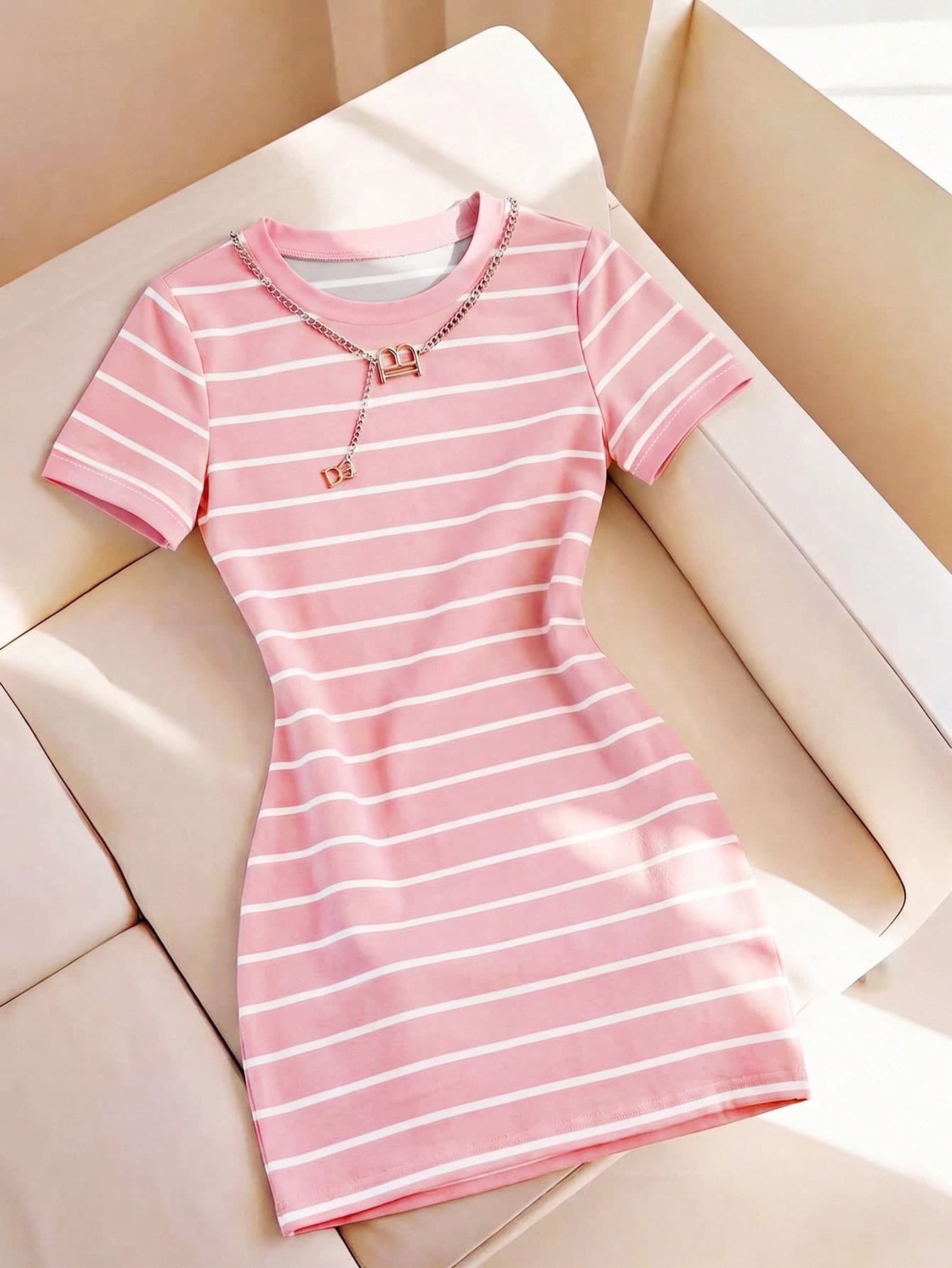 Franclia Women's Striped Versatile Round Neck Short Sleeve Dress