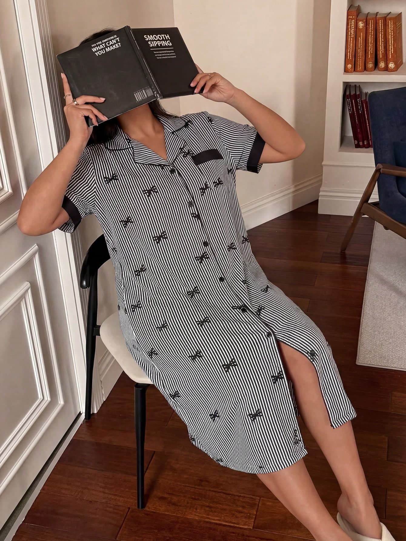 Napfluff CURVE Napfluff CURVE Plus Size Women's Front Button Lapel Nightgown, Bow & Striped Print Short Sleeve Sleepwear, Suitable For Summer