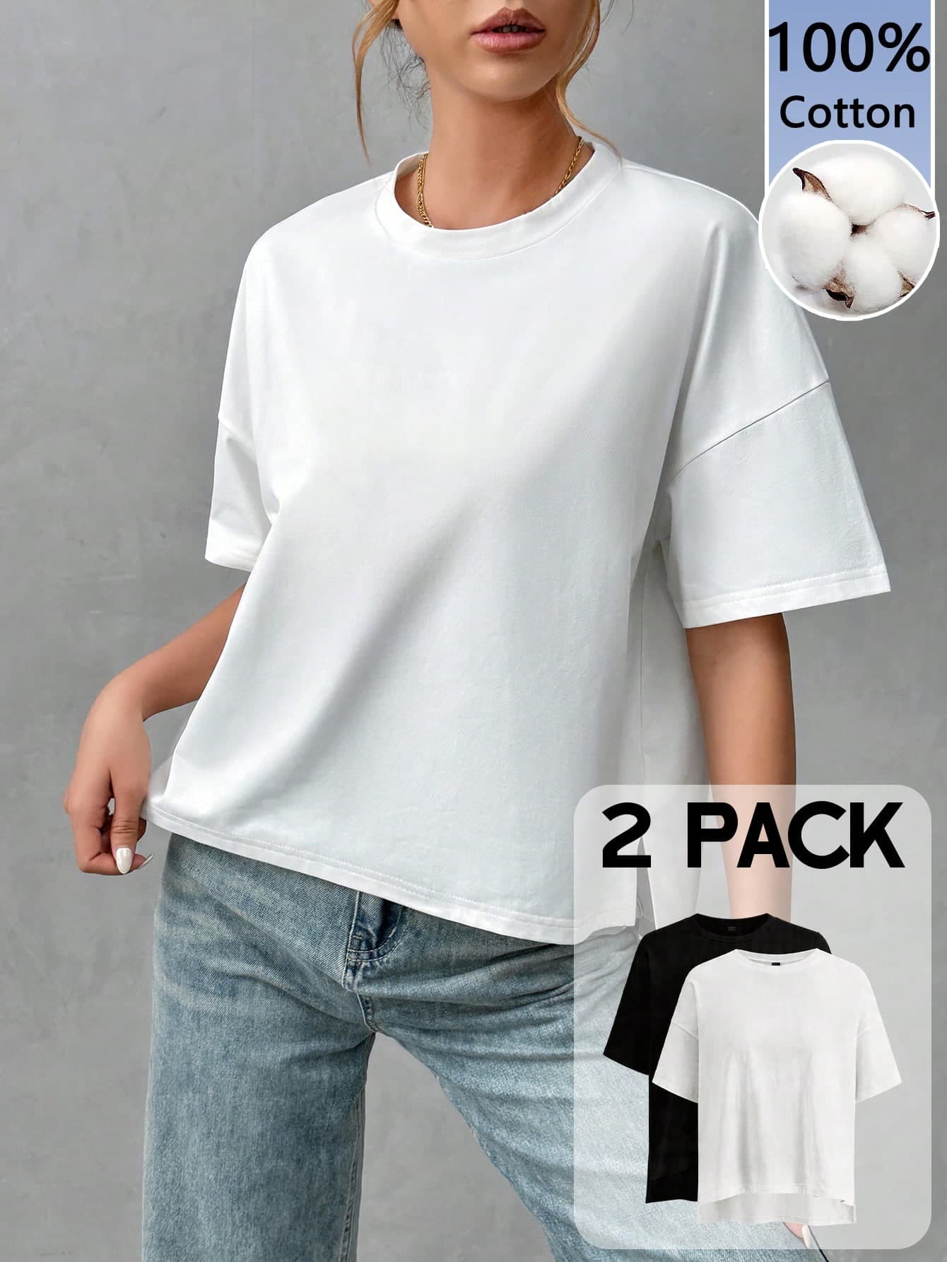 SHEIN Essnce 2pcs/Set 95% Cotton Women's Minimalist Basic Short Front Long Back T-Shirt, Chic, Suitable For Outings, Matching, Travel, Vacation,Summer Top