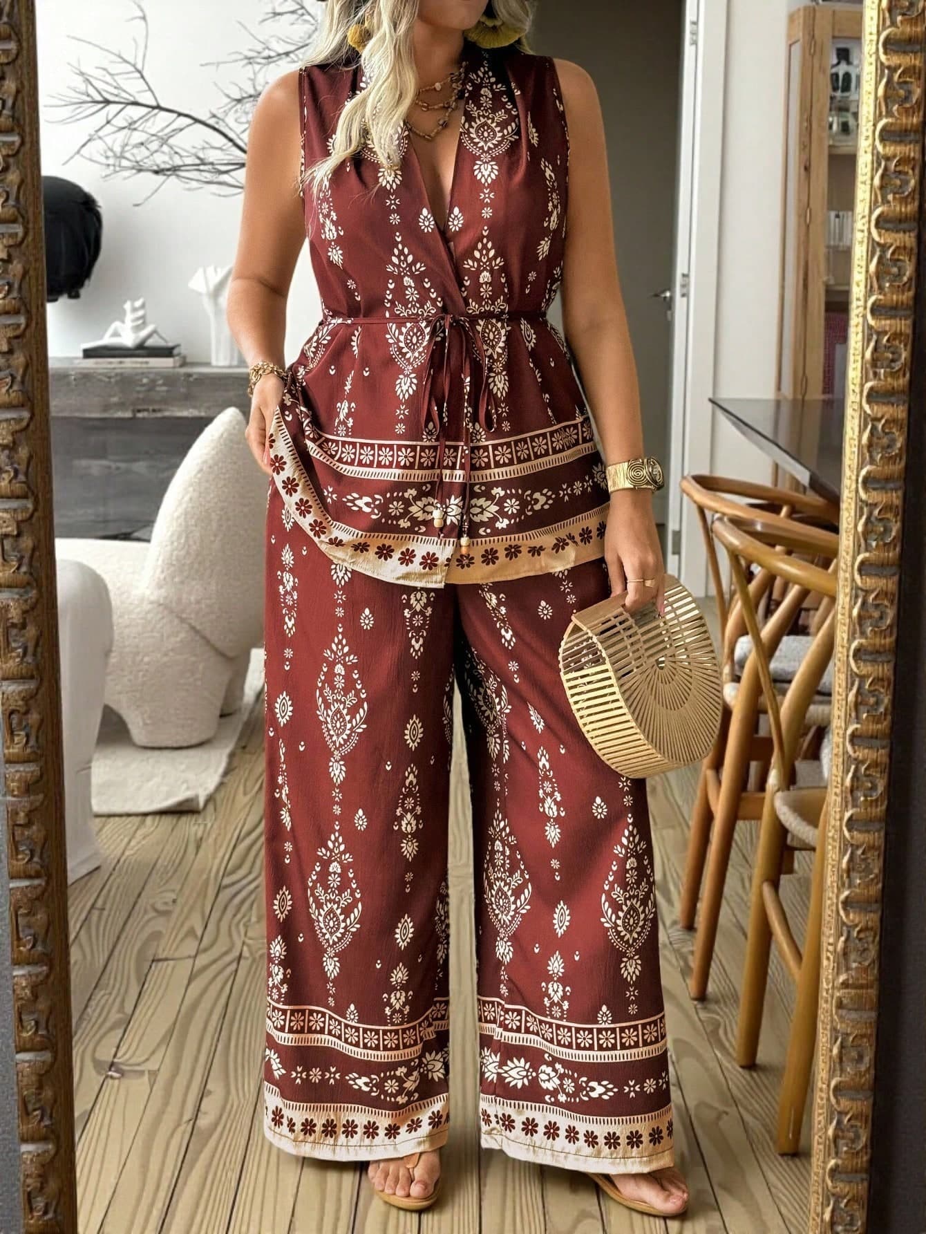 Ceyna Plus Size Summer Boho Vacation Woven Crinkle Cross V-Neck Sleeveless Fixed Print Pants Casual Straight Leg 2 Pieces Set Women Jumpsuit Outfit White