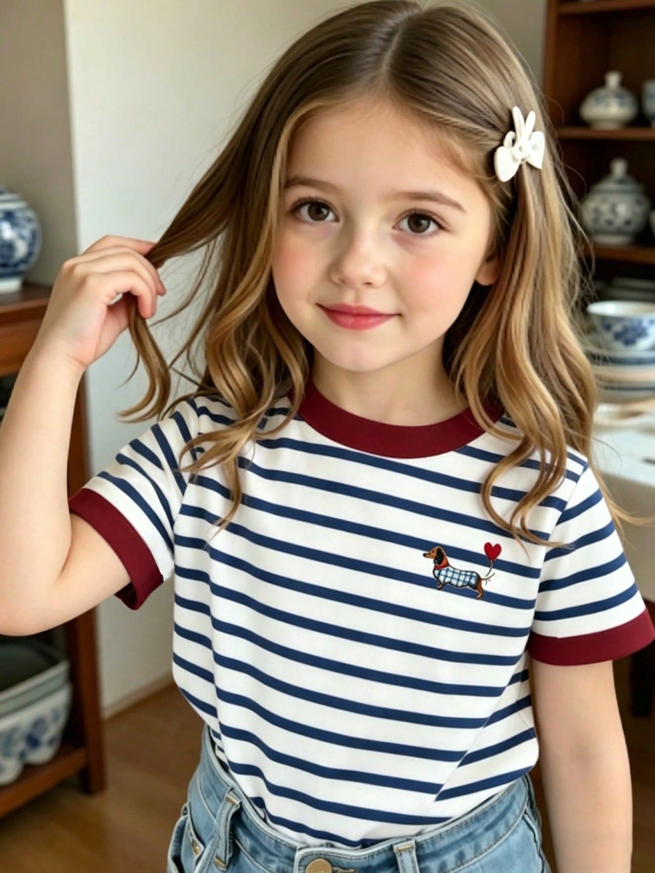 SHEIN Playful Pals Young Girls' SS26 Fashion Casual Summer School Striped Collar & Cuff Contrast Color,Faux Embroidery Heart Dog All-Over Print Short Sleeve T-Shirt