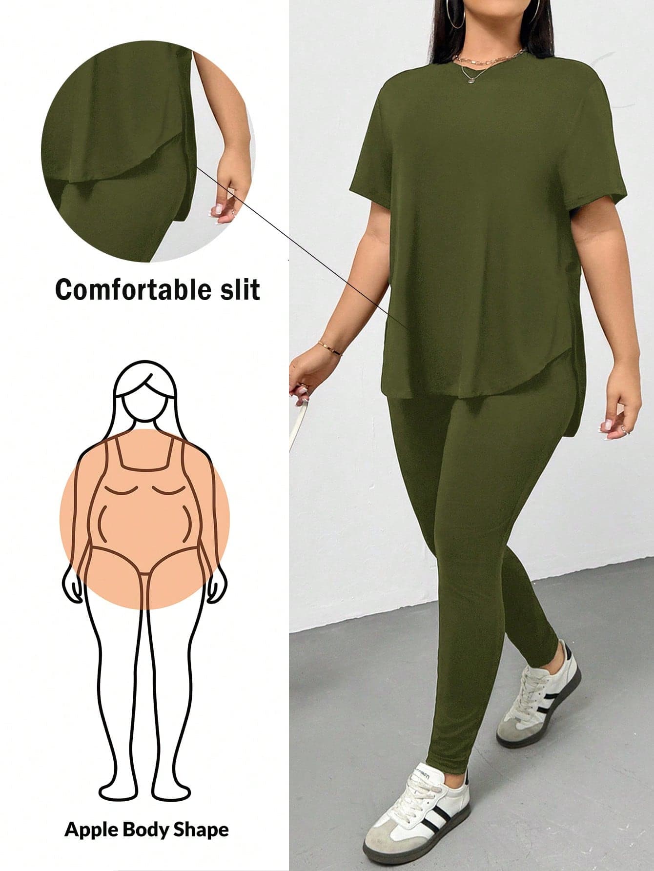 Shapeblank Plus Size Women's Army Green Casual Curve Loungewear,Sommar Short-Sleeved T-Shirt And Leggings 2 Pieces Set, Versatile Airport Street Outfits