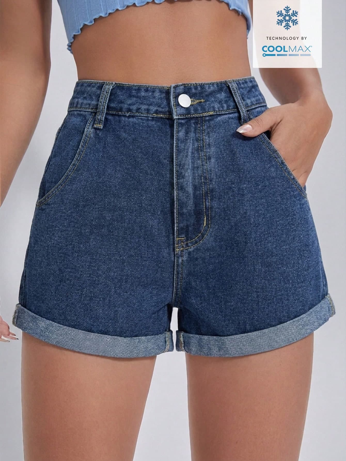 Jeanoix Women's High Waist Pocketed Cuffed Casual Versatile Denim Shorts Occasion Navy Blue Summer