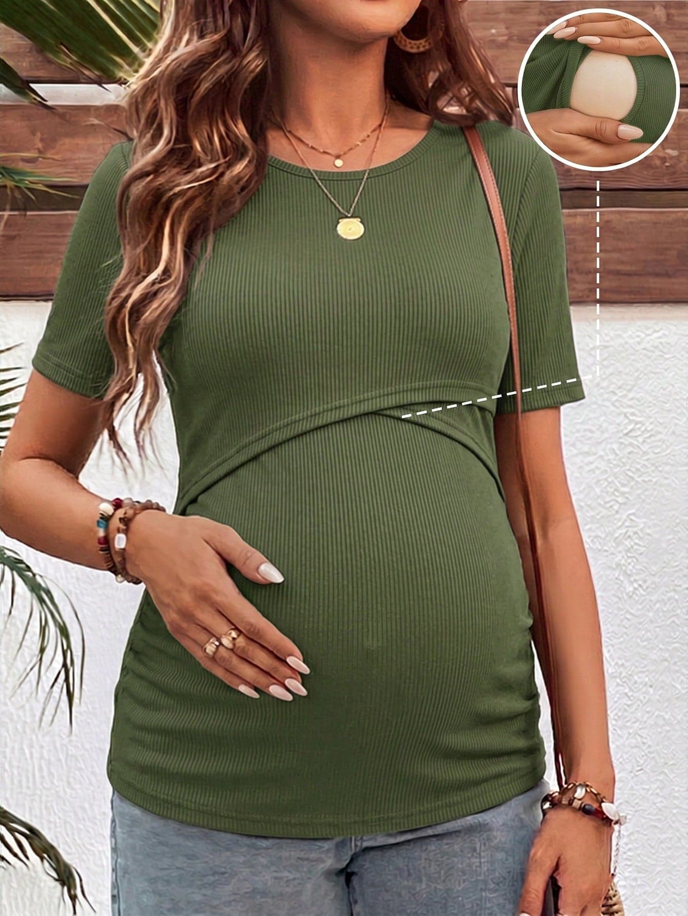 SHEIN Maternity Solid Color Round Neck Short Sleeve Nursing Top