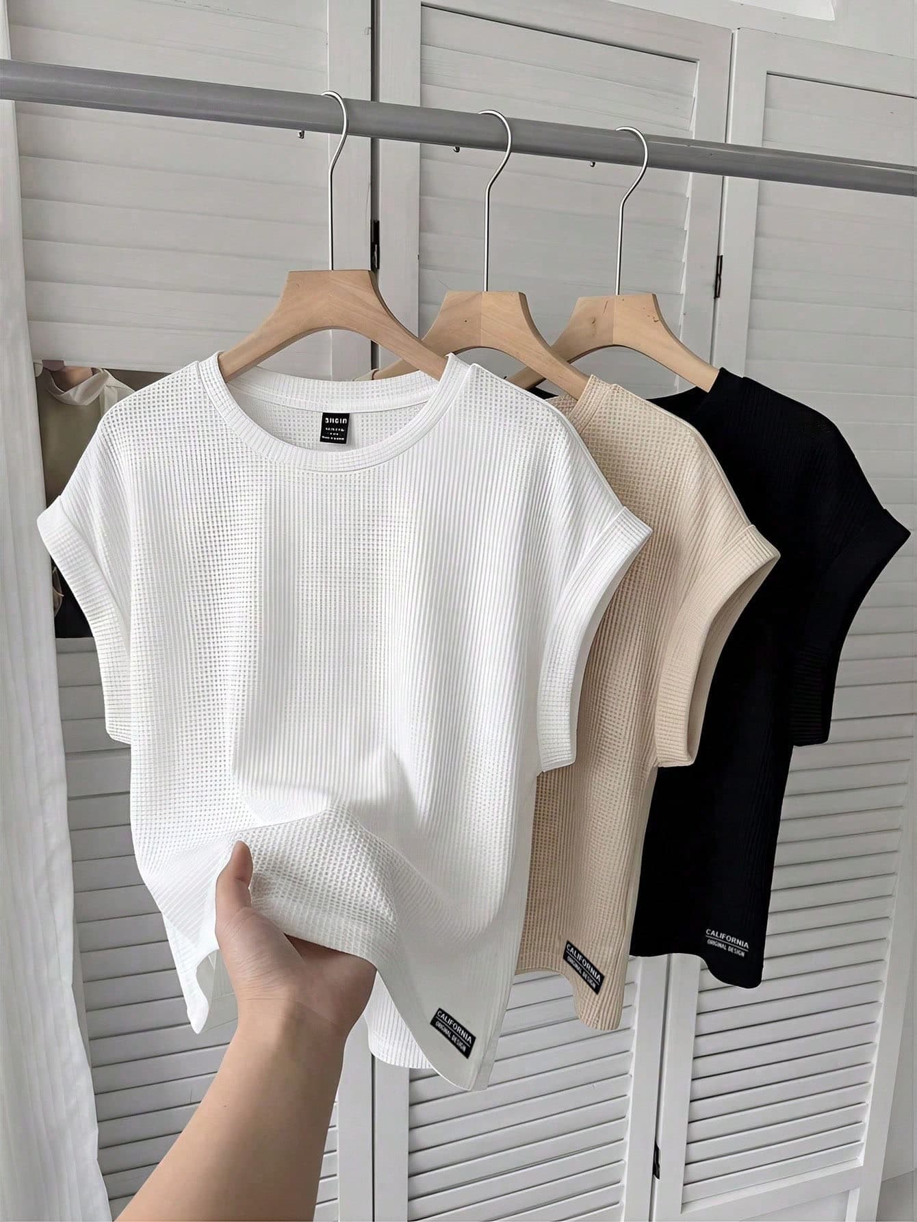 SHEIN LUNE 3pcs Women Casual Round Neck Short Sleeve T-Shirt With Letter Embroidery Graphic,Summer Everyday All Khaki Black Top For Beach Home,Outdoor,Work