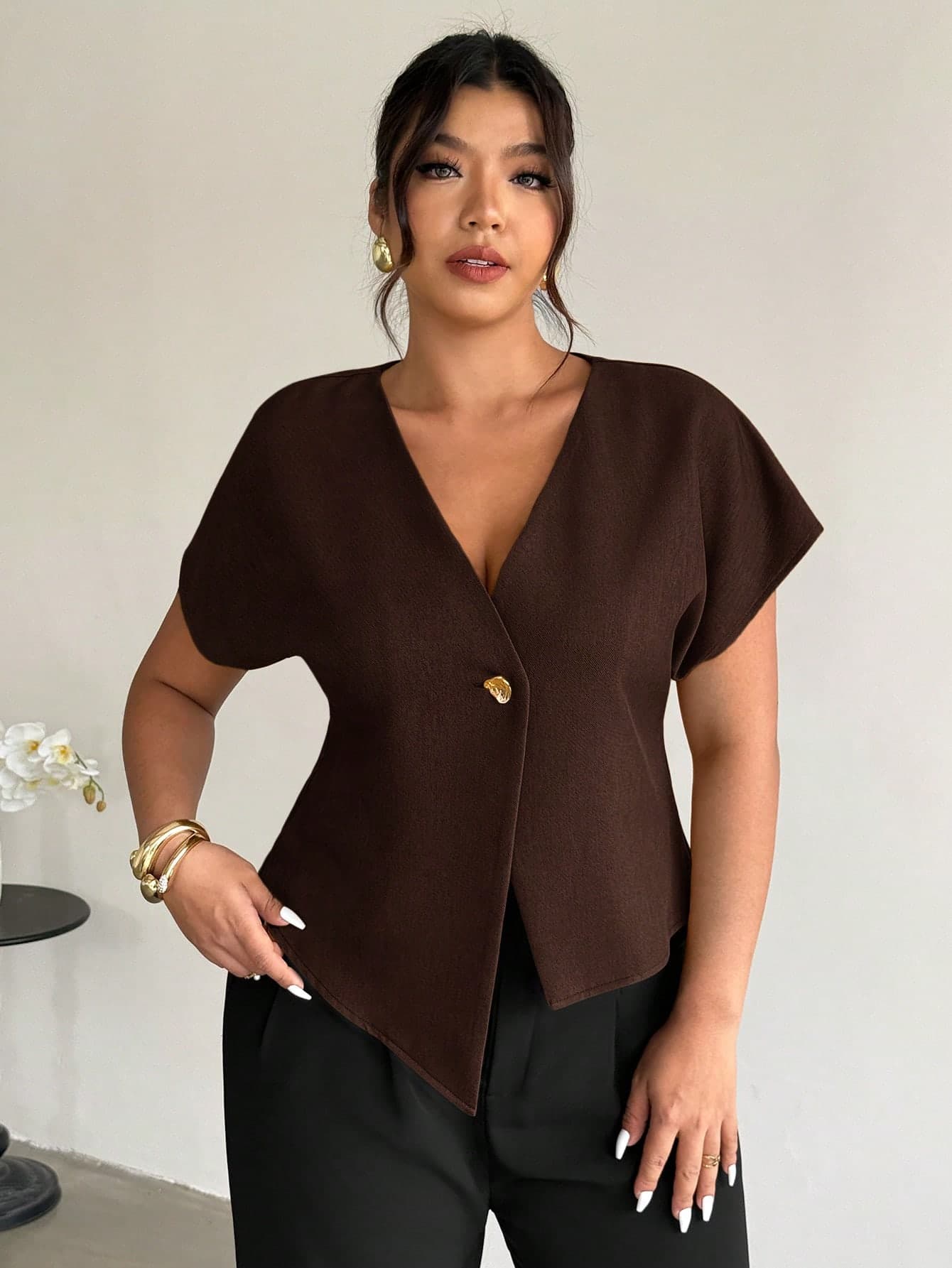 Firerie Plus Size Women V-Neck Solid Color Metal Single Button Short Sleeve Blouse