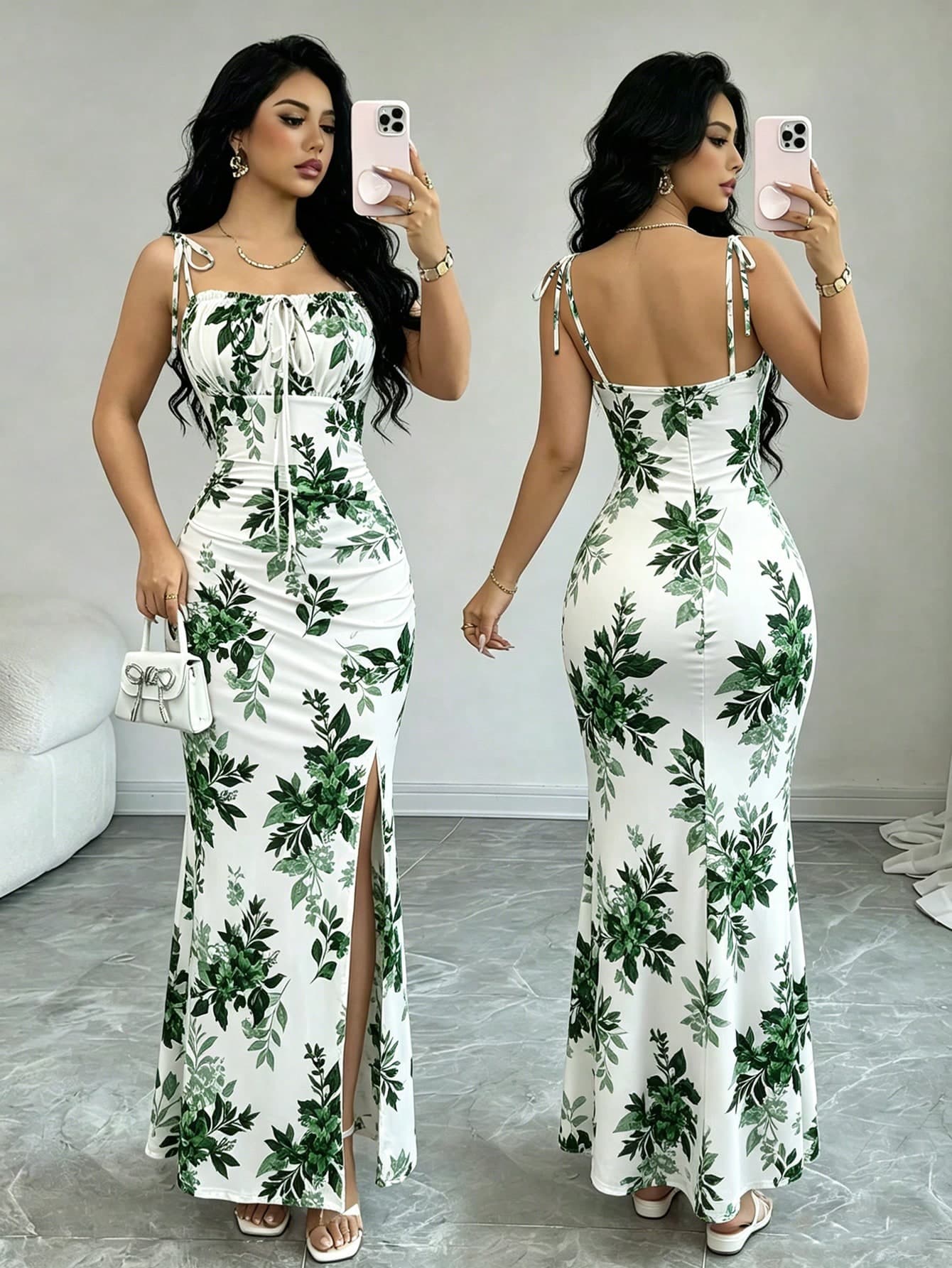 Elenzga New Women's Spaghetti Strap Tie Bow Waist Ruched Hem Slit Design Dress, Versatile For Dates, Parties, Daily Wear, Flattering & Elegant