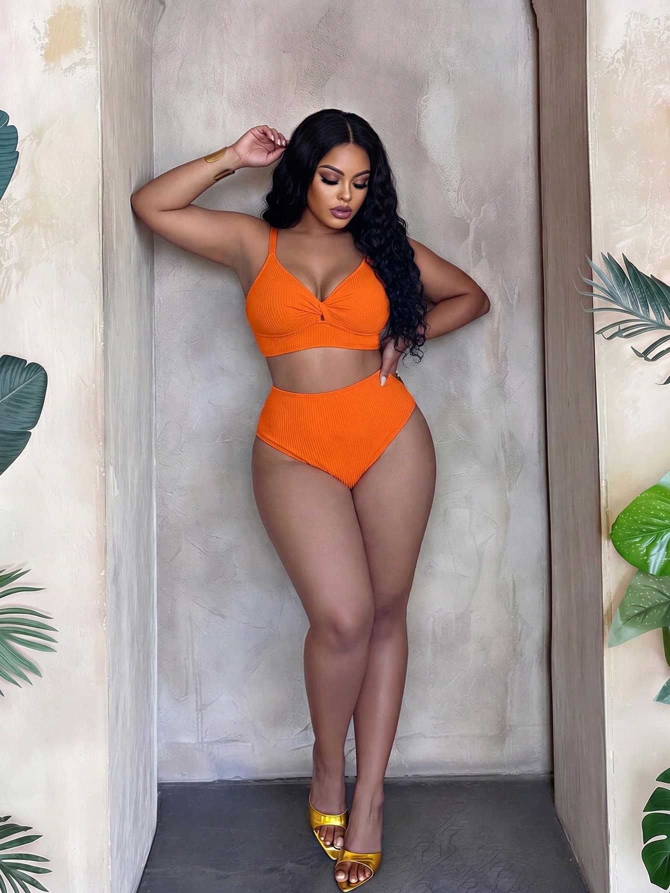 Slaydiva 2026 Plus Size Bikini Set Burnt Orange Ribbed Fabric V-Neck Bra Top With Lift Support High-Waist Tummy Control Bottoms Summer Beach Vacation Holiday