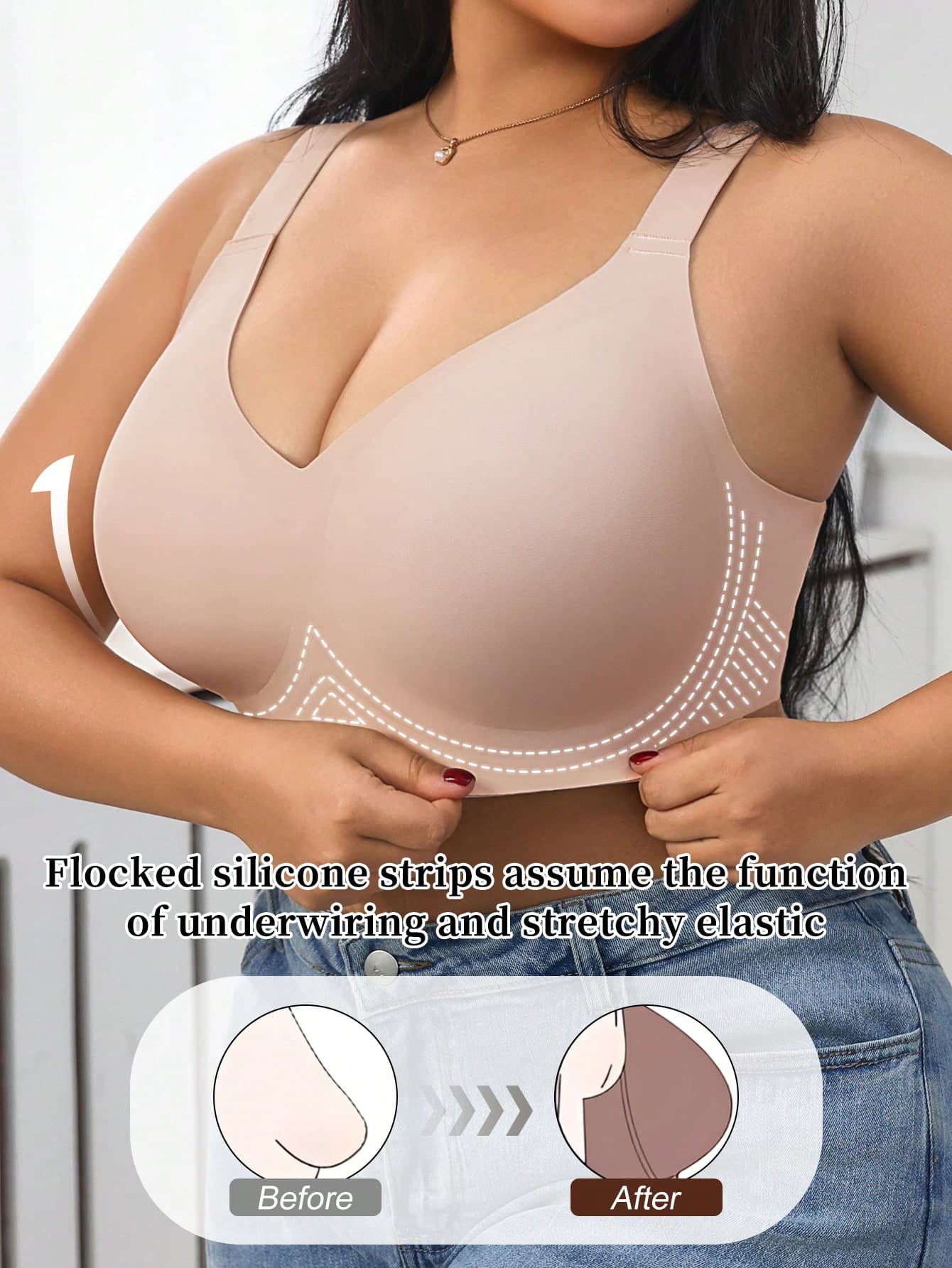 1pc Women's Minimalist Comfortable Solid Color Jelly Gel Supportive Non-Removable Cup Wireless Plus Size Deep V-Neck Bra Wedding
