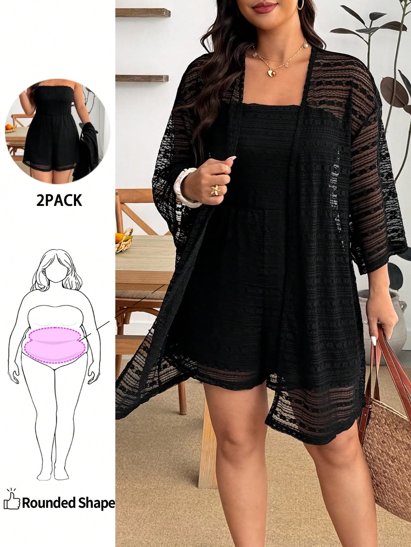 Enliva Plus Size Women's Stretch Brown Strapless Lace Romper And Jacket Set, For Apple And Rounded Body Shape Gym Summer