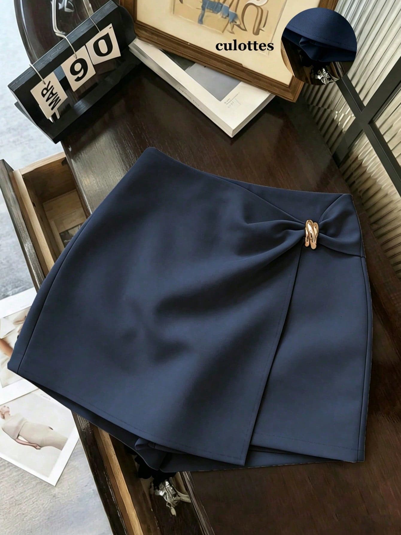 Franclia Women's High Waist Asymmetric Hem Metal Buckle Skort,Elegant Summer Office Navy Blue Shorts,Casual Commuter Suit Fabric A-Line Mini Skirt-Shorts Set