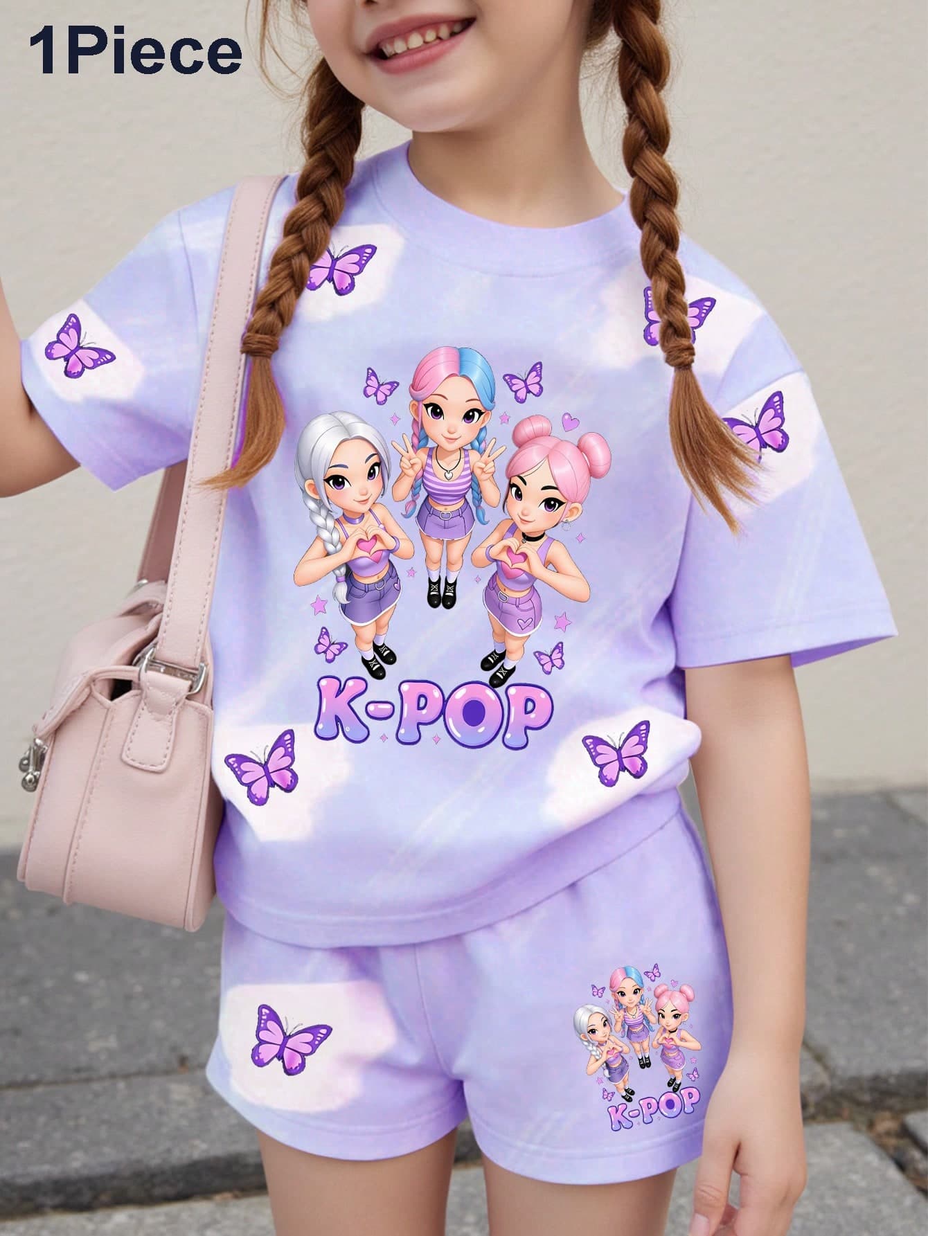 1pc Young Girl 3D Printed Short Sleeve Top,Featuring Cute Girl Group Image,Butterfly Bubble Decor,Korean Aesthetic Sweet Style Summer School Outfit