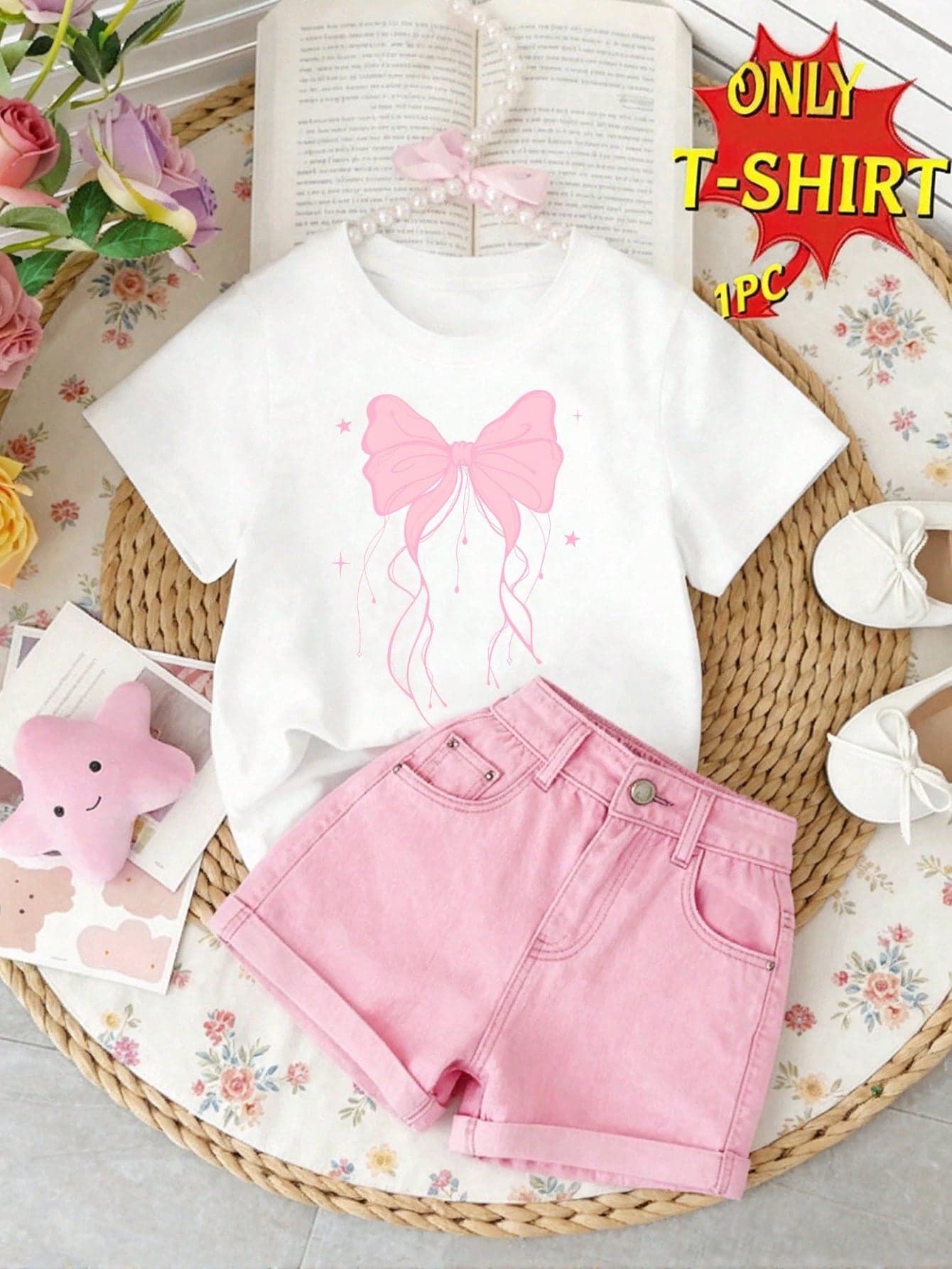 Elladie kids Girls White Summer School T-Shirt,Cute Kawaii Pink Bow Decor Pattern Print Casual Basic Short Sleeve Tee,Refreshing Minimalist Comfortable Daily Wear