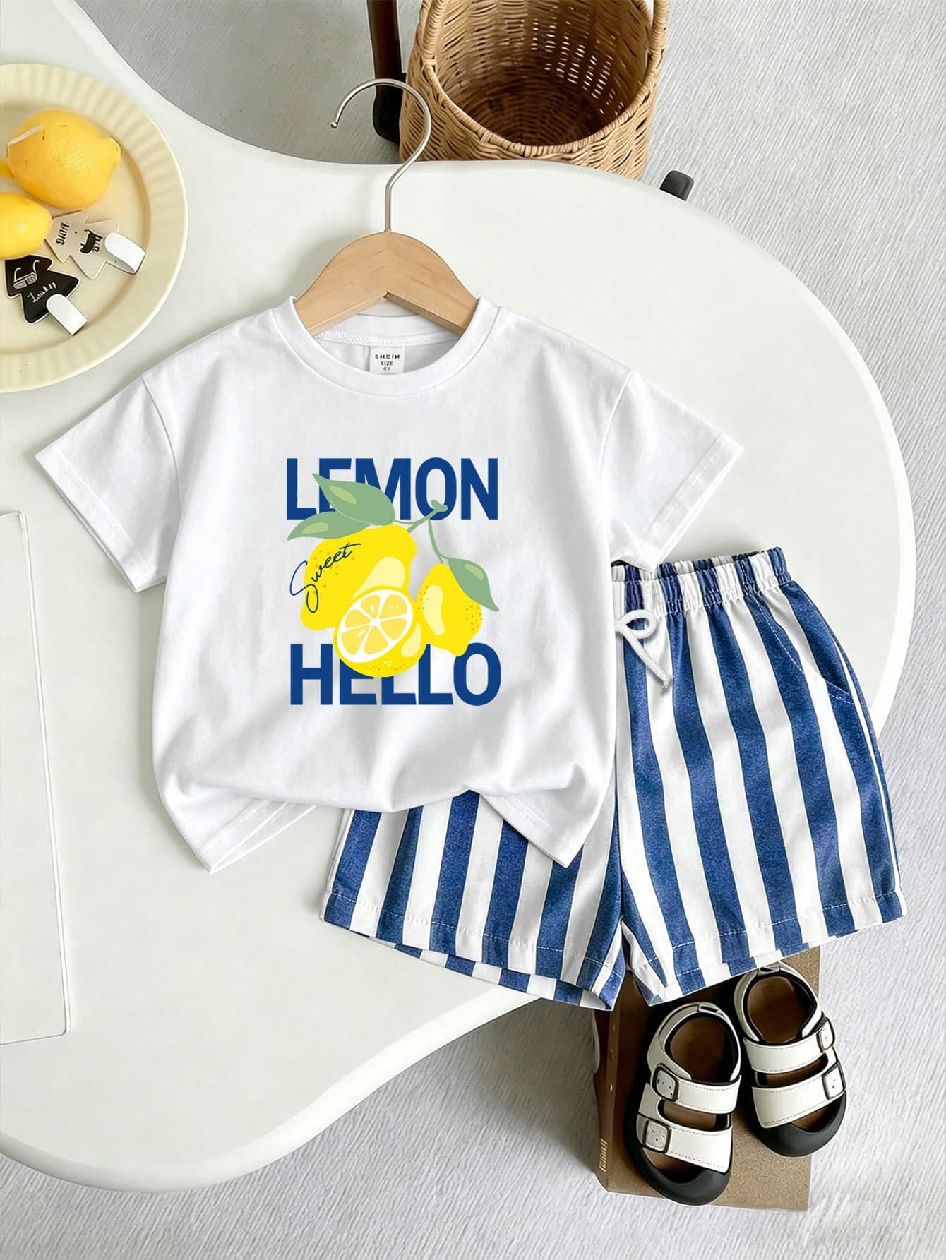 SHEIN Playful Pals Young Boy Letter & Lemon Print Short Sleeve T-Shirt And Shorts Casual Daily Outfit