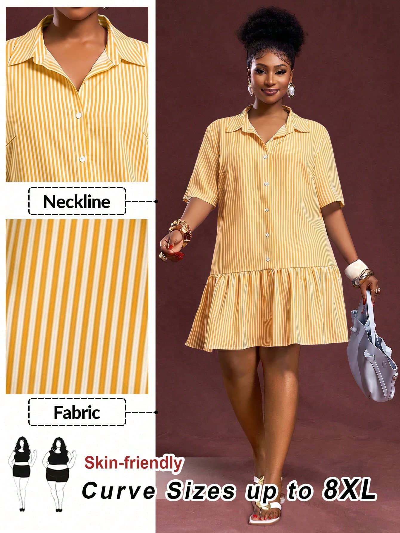 SHEIN CURVE+ CURVE PLUS /Valentine's Day/Plus Size Women Striped Short Sleeve Single-Breasted Ruffle Hem Casual Shirt Dress