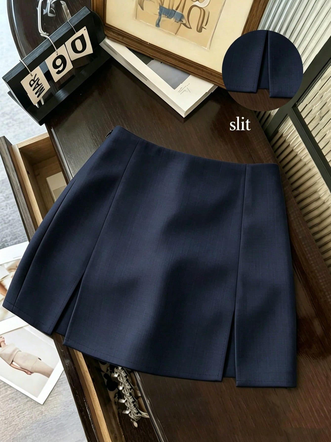 Franclia Women Summer Elegant Navy Blue Winter Office Skirt,High Waist A-Line Mini Skirt With Slit Hem,Casual Commuter Versatile Short Skirt For Work