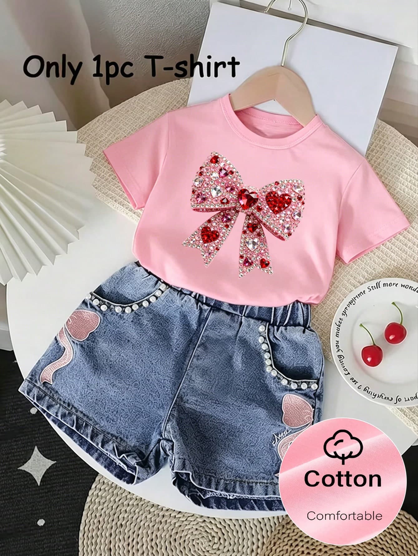 Souflis Souflis Girls' Fashionable Pink Summer Short T-Shirt For First Birthday,Minimalist Shiny Bowknot Pattern Print Basic Top,Comfortable Daily Casual Wear