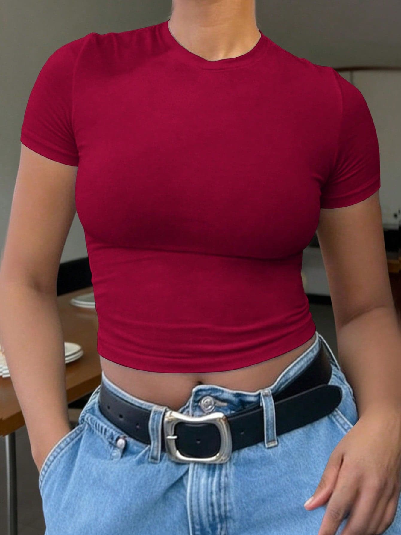 INAWLY Solva Women's Solid Color Round Neck Short Sleeve Fitted Cropped T-Shirt Everyday Burgundy Summer Casual Everyday