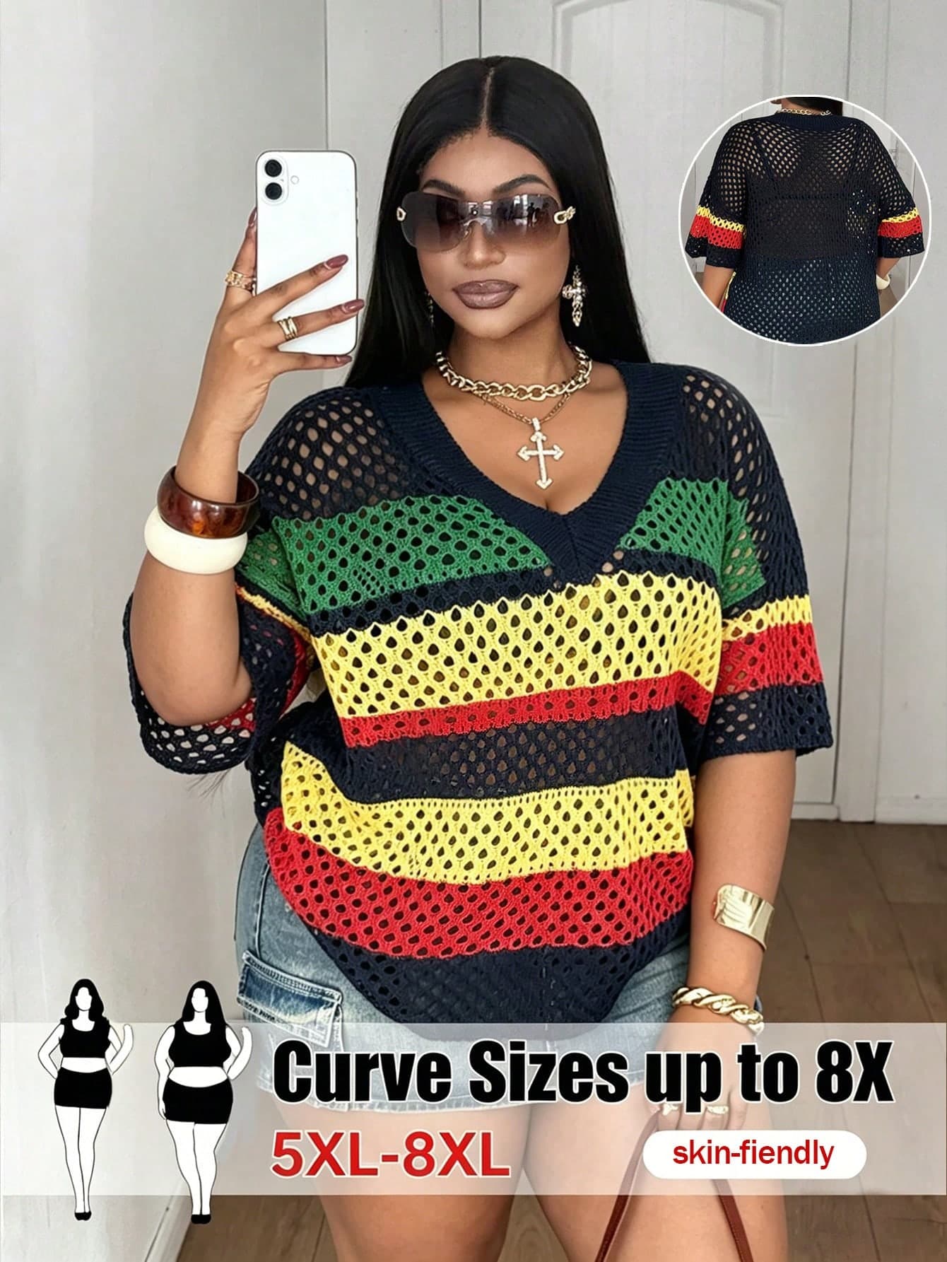 SHEIN CURVE+ CURVE+ Women's Boho Vacation Summer Plus Size Knitted Pullover Top,Retro V-Neck Half Sleeve Hollow Rainbow Stripe Color-Block Black And Red