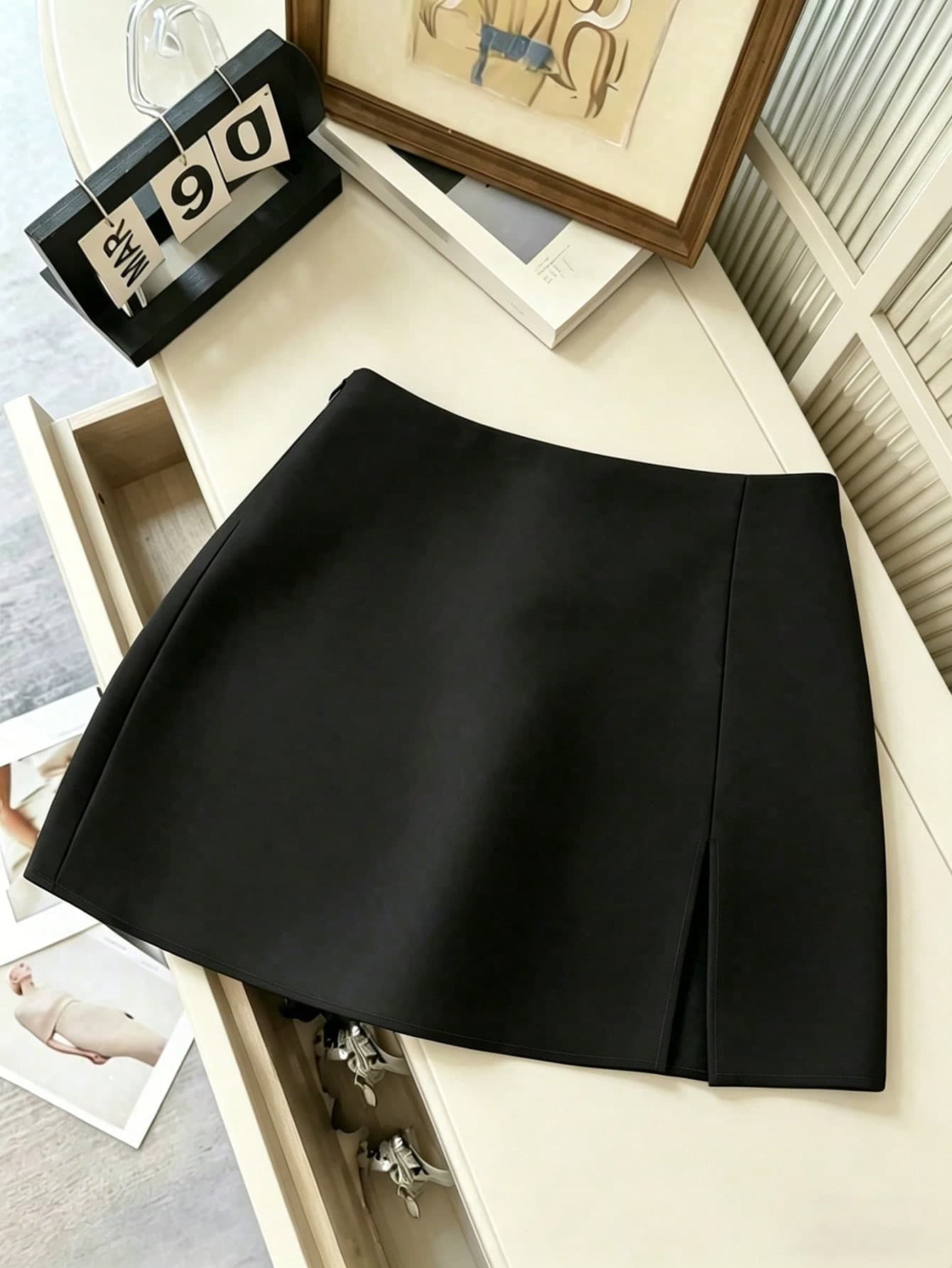Franclia Women's Black Summer Casual Solid Color Skirt, Side Slit Design For Office,Date,Business,Commute, Vintage,Street Style, & Holiday