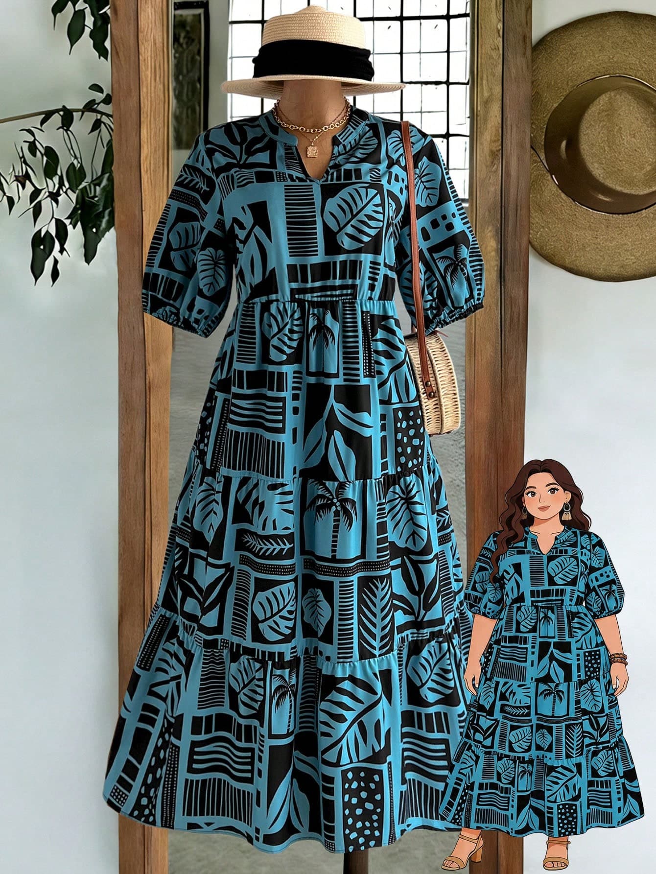 Rusticease Zanzea Plus Size Women's Blue Summer Boho Tropical Allover Print Keyhole Neck Petal Sleeve Dress,Casual Holiday Beach Vacation Outfits For Spring