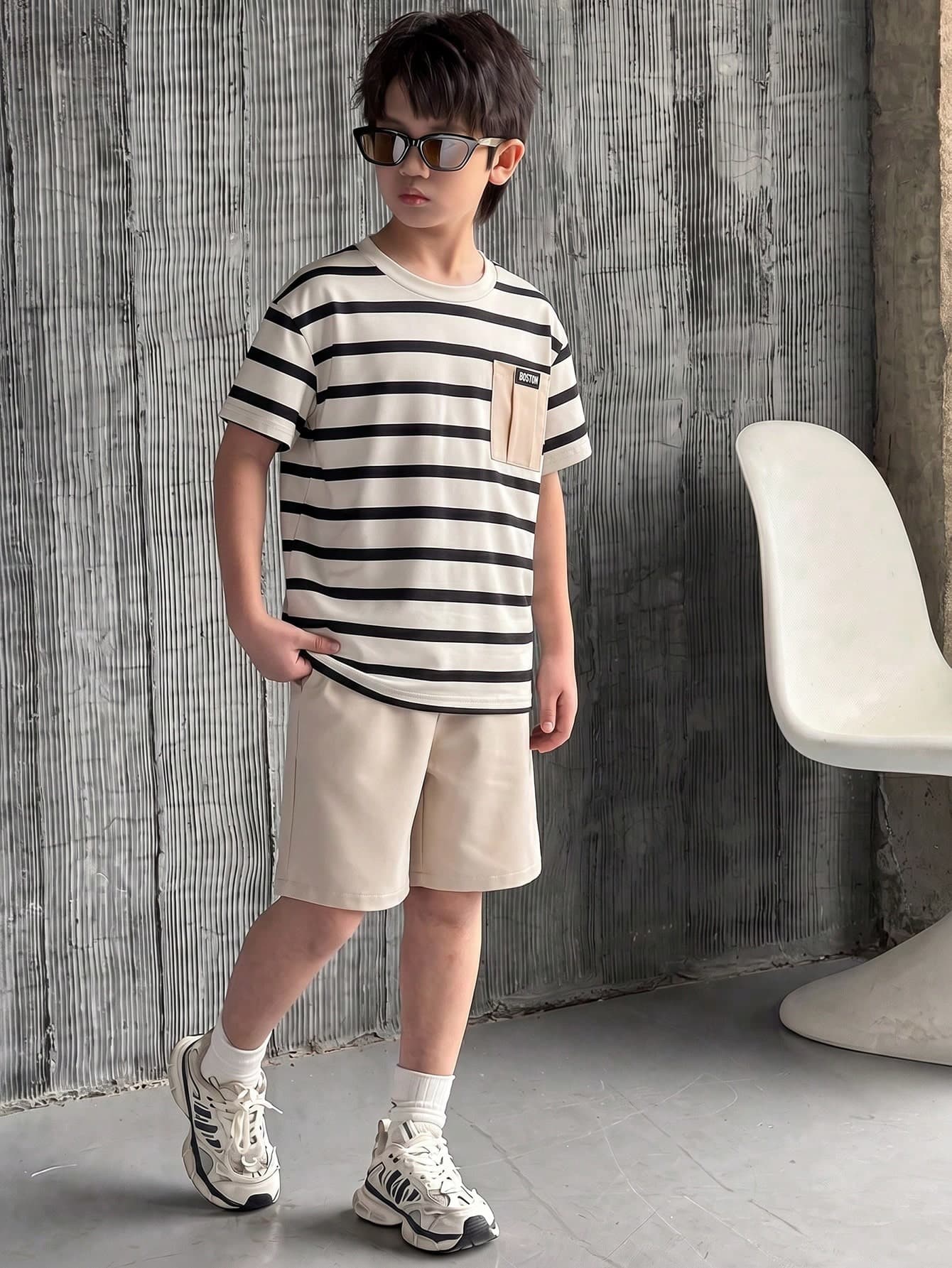 SHEIN Mirajuku Tween BoyFashionable Striped Print T-Shirt And  Shorts Set, Summer