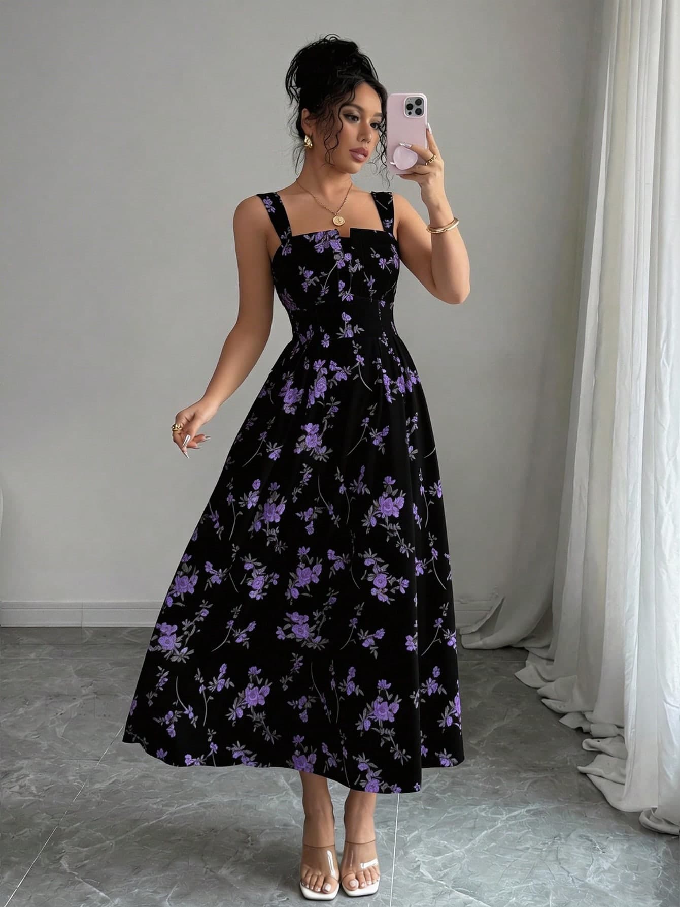 Elenzga Black And Purple French Floral Spaghetti Strap Long Dress,Summer Elegant Holiday Vacation Women's Square Neck Cinched Waist Dress