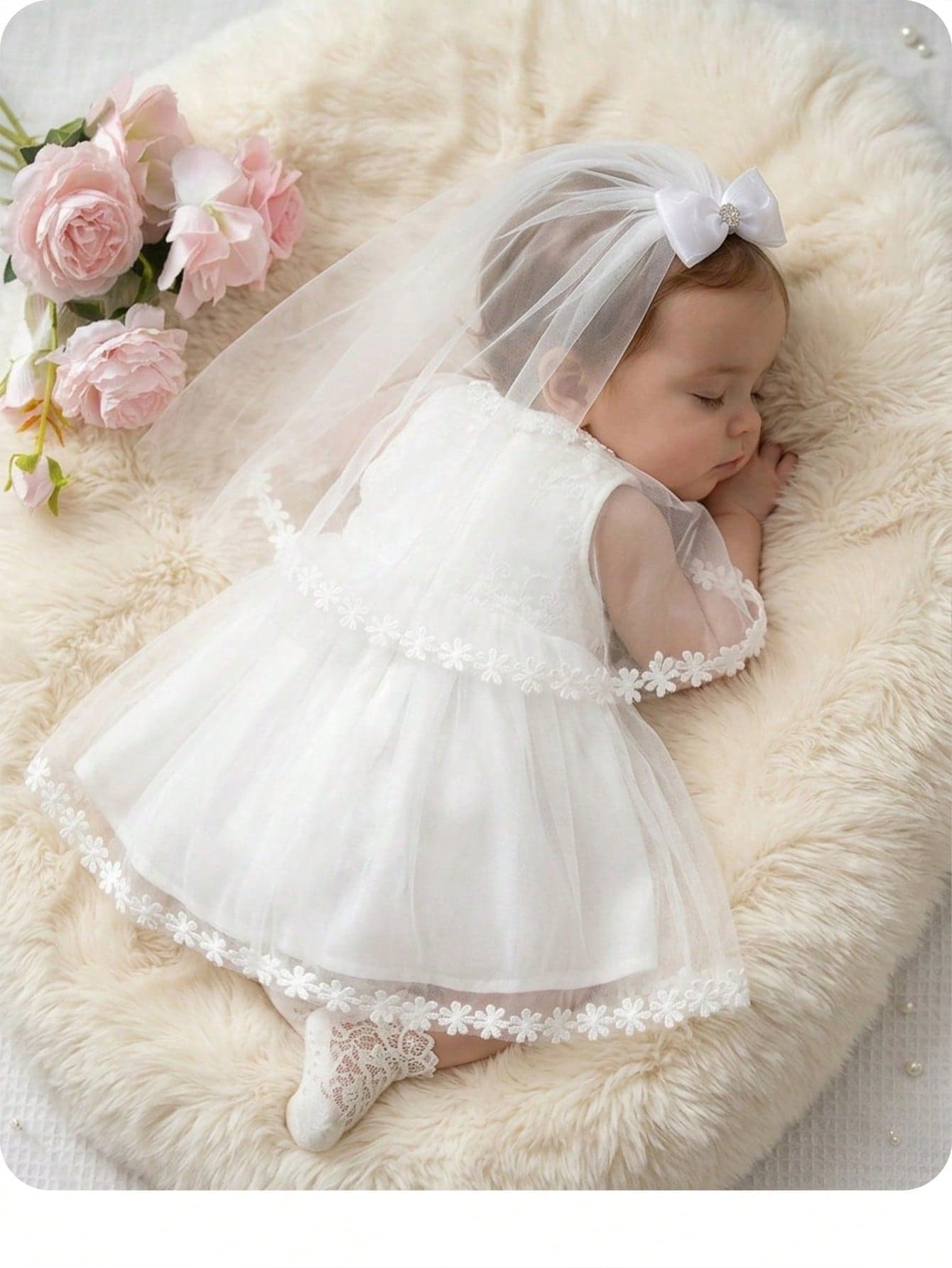 SHEIN Newborn Baby Girl Elegant Cute White Floral Embroidered Mesh Dress