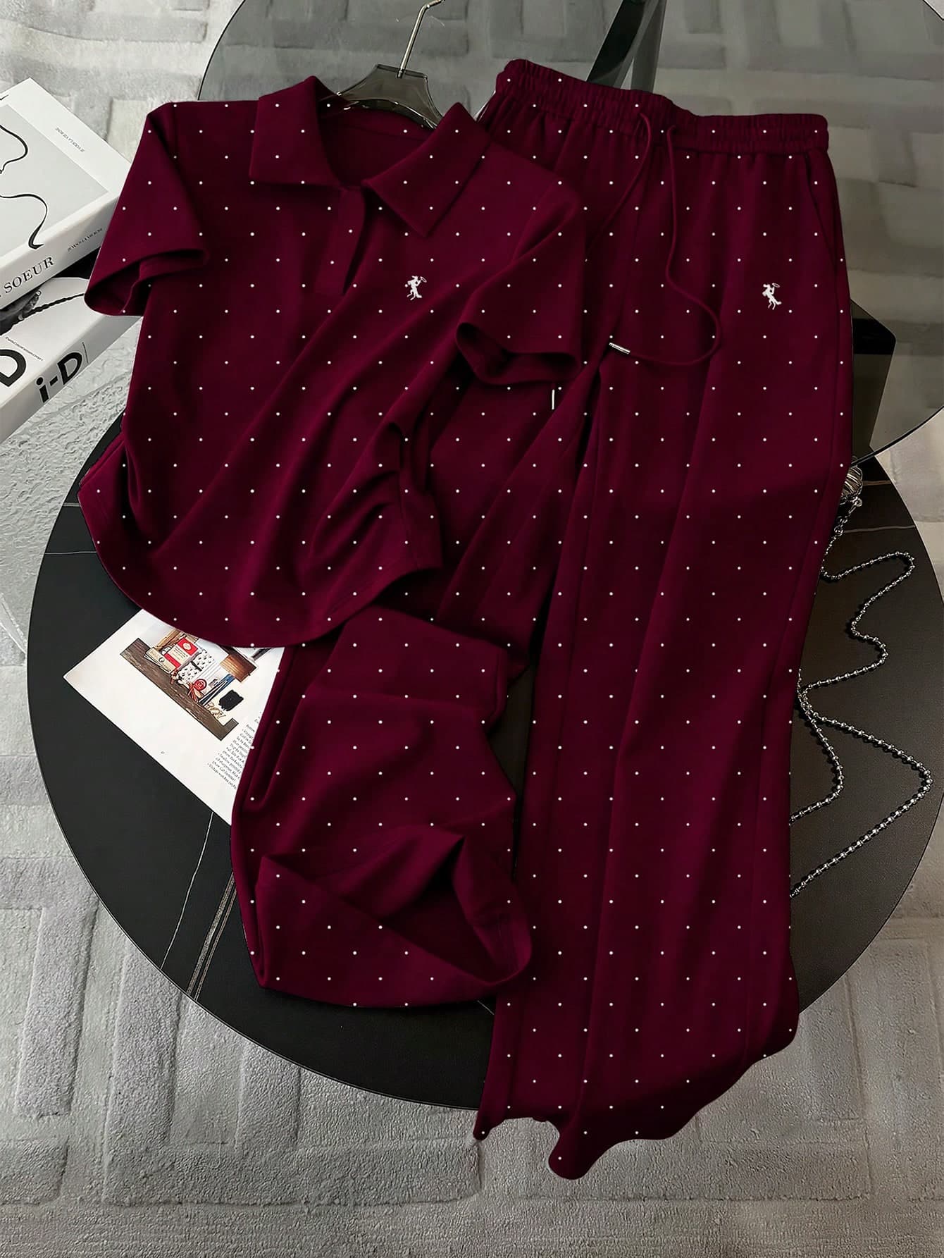Resyla Polka Dot Digital Print, Embroidered Minimalist Polo Collar T-Shirt + Pants Set, Gift For Friends