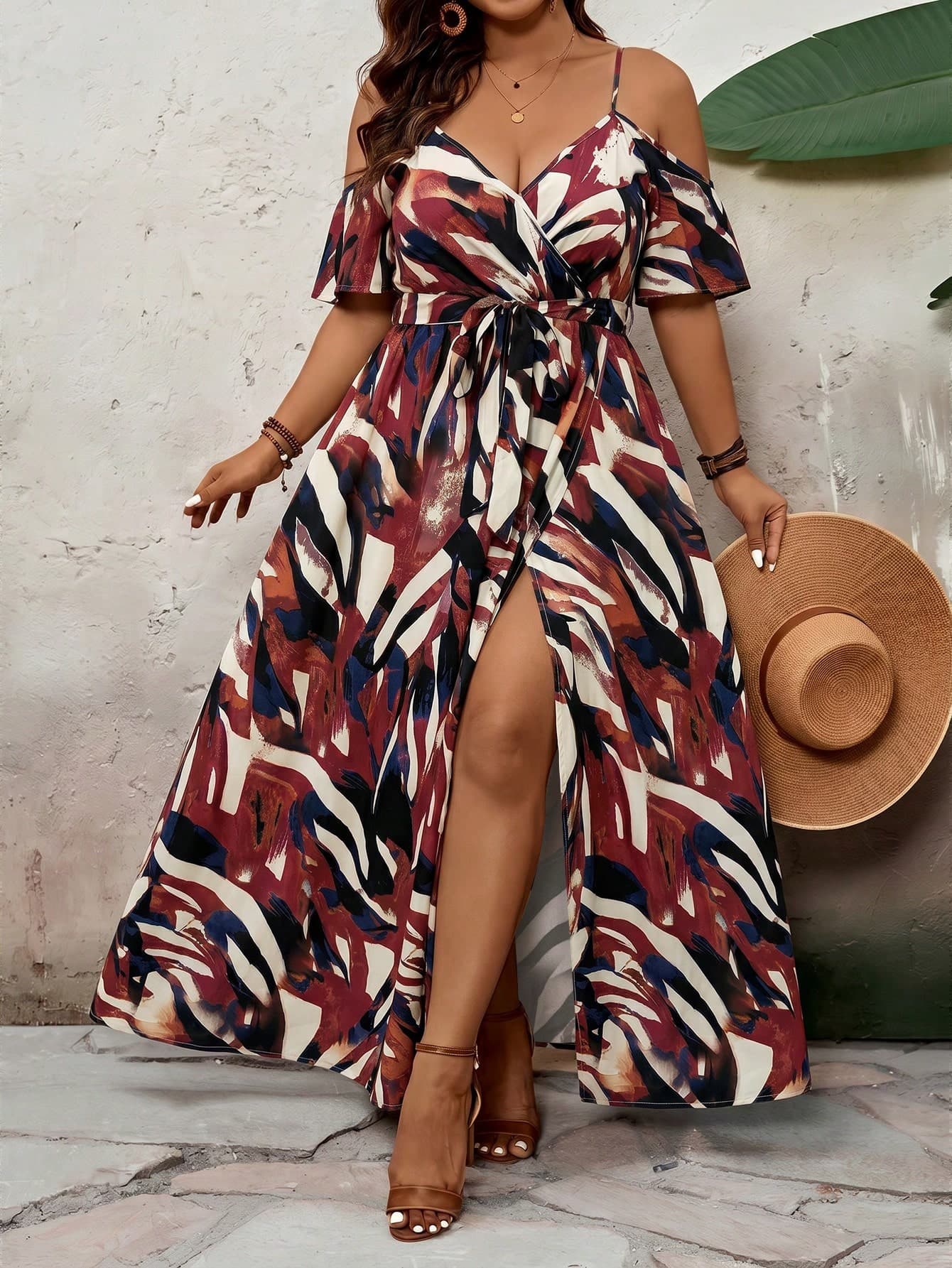 SHEIN VCAY Plus Size Open Shoulder Short Sleeve Holiday Dress