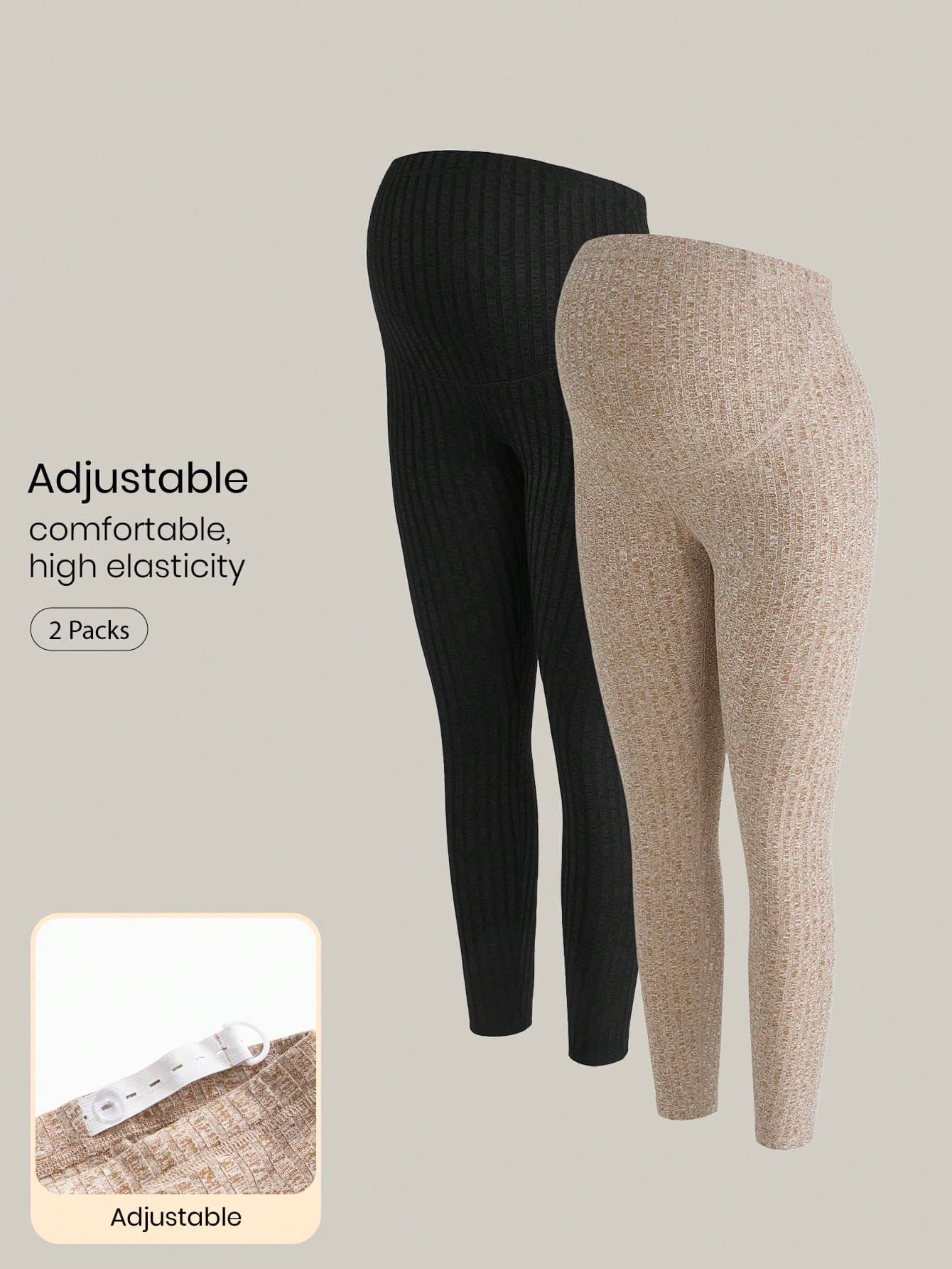 Modmama Khaki And Black Adjustable Waist Maternity Leggings, Two-Pack, Summer Casual Style, Suitable For Pregnant Women. Mothers Day Lounge