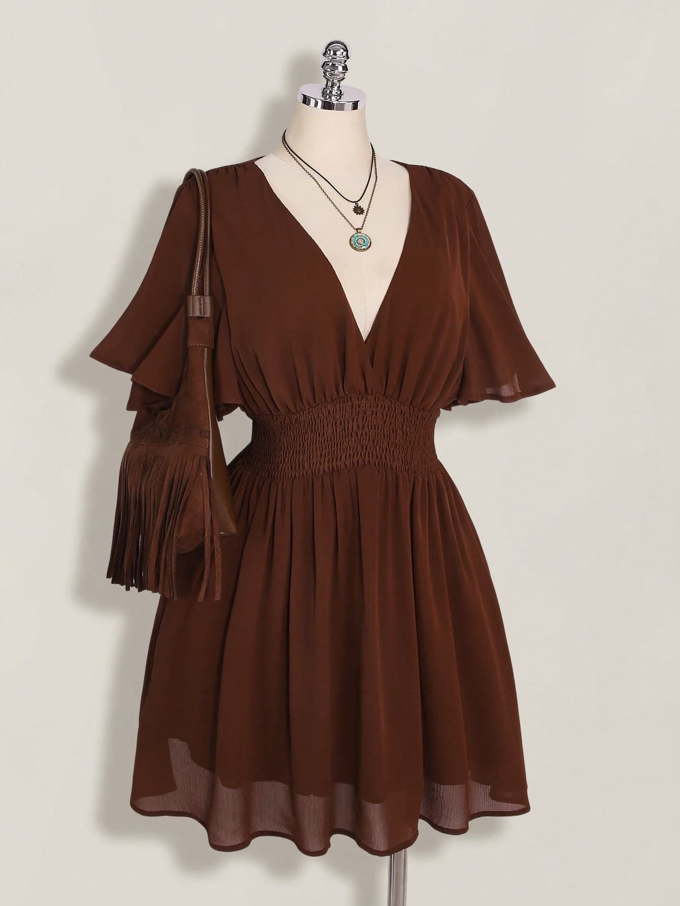 SHEIN ICON Plus Size V-Neck Ruffle Hem A-Line Dress, Suitable For Beach Vacation, Boho, Hippie, Y2K Style, Summer, Valentine's Day, Elegant Date Dress