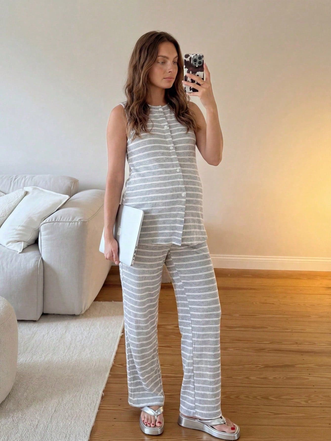 SHEIN 2pcs Maternity Casual Striped Button Front Tank Top And Pants Set, Summer